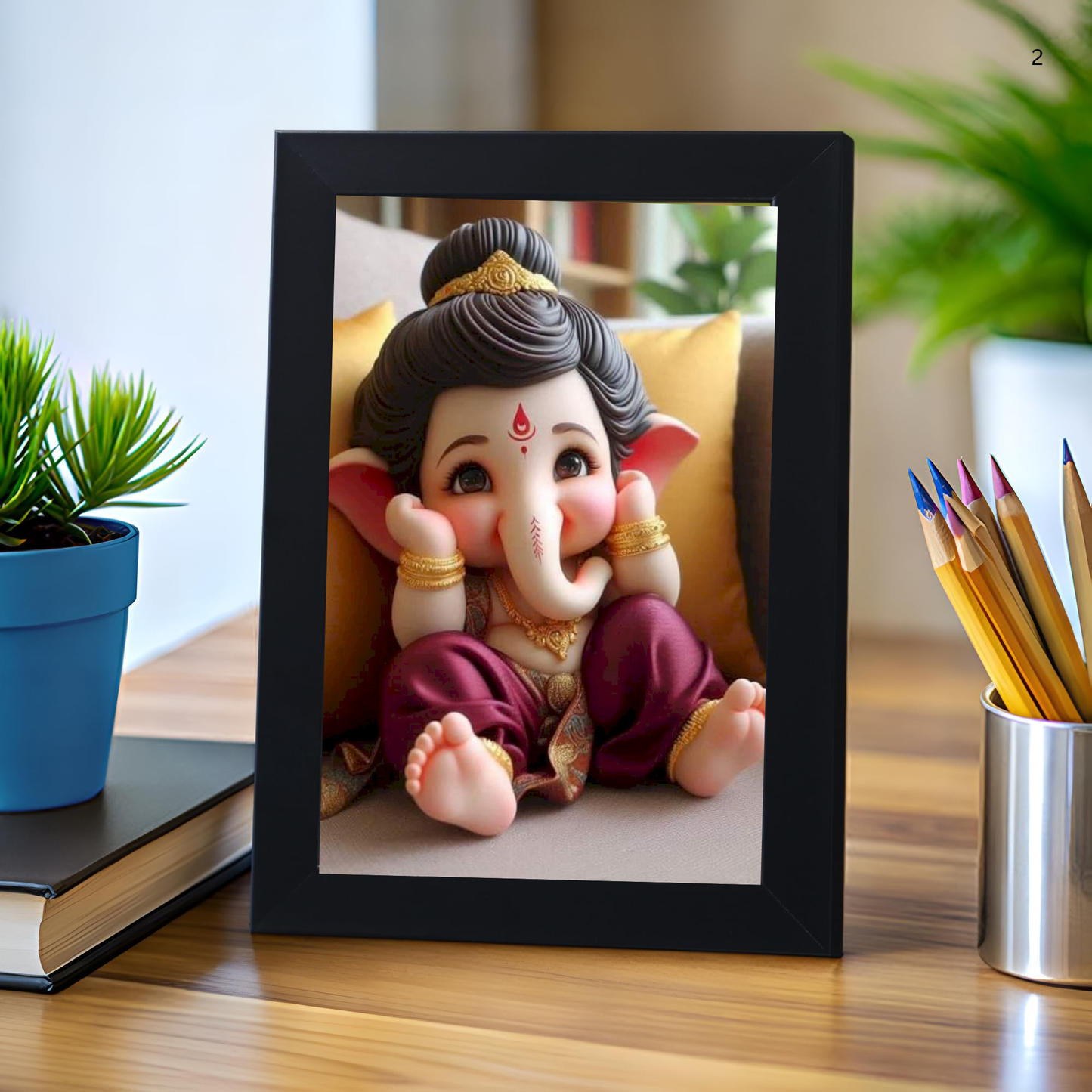Lord Bal Ganesh Ji Photo Frame | Unique Ganesha Painting Picture for Home Decor, Wall Hanging, Puja Room, Ganpati Ji for Small Office Desk