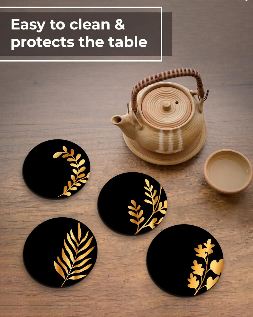 Black Theme Premium Designer Printed Beautiful Wooden Coasters Fit for Tea Cups, Coffee Mugs and Glasses (Set of 4))020