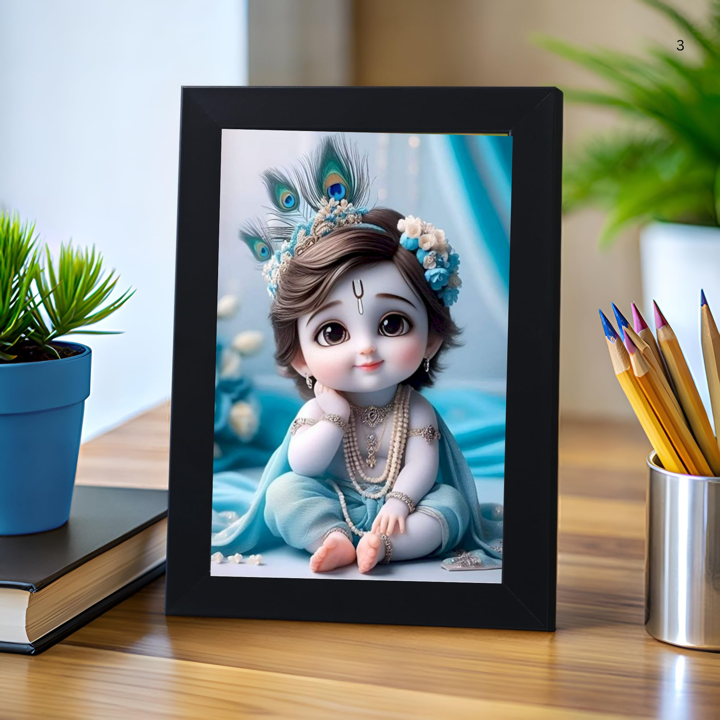 Baby Krishna Photo Frame | Shri Bal Gopal Painting for Pregnant Women | Kanha Ji Poster | Laddu Lord Makhan Chor | Walls Home Bedroom Living Room Decoration Gift