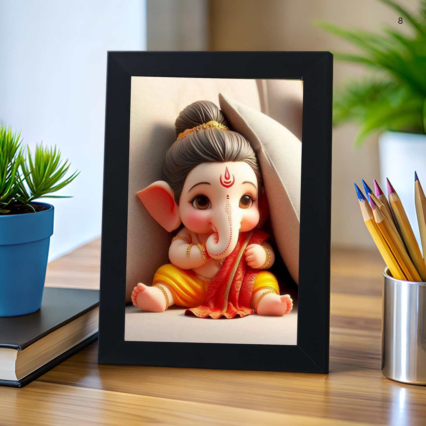 Lord Bal Ganesh Ji Photo Frame | Unique Ganesha Painting Picture for Home Decor, Wall Hanging, Puja Room, Ganpati Ji for Small Office Desk