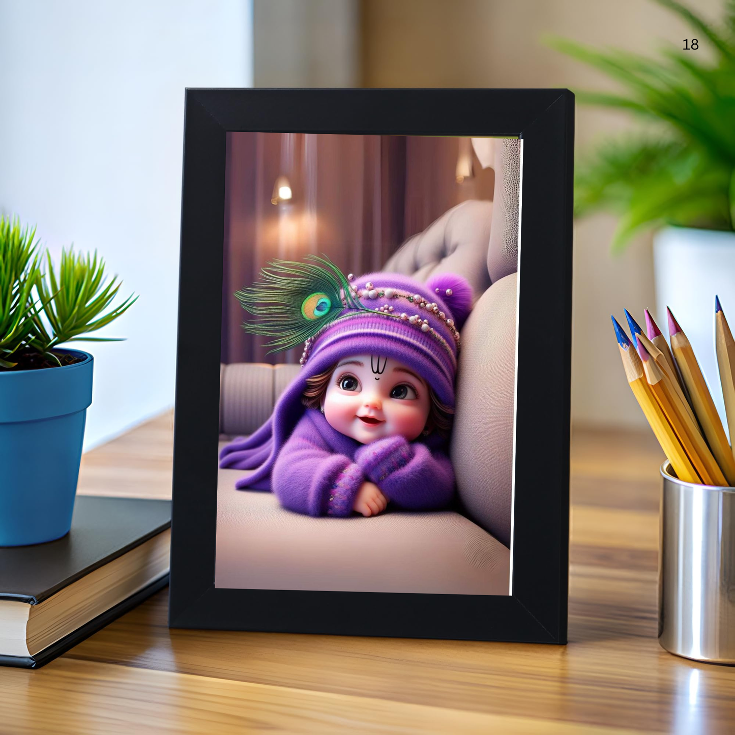 Baby Krishna Photo Frame | Shri Bal Gopal Painting for Pregnant Women | Kanha Ji Poster | Laddu Lord Makhan Chor | Walls Home Bedroom Living Room Decoration Gift.