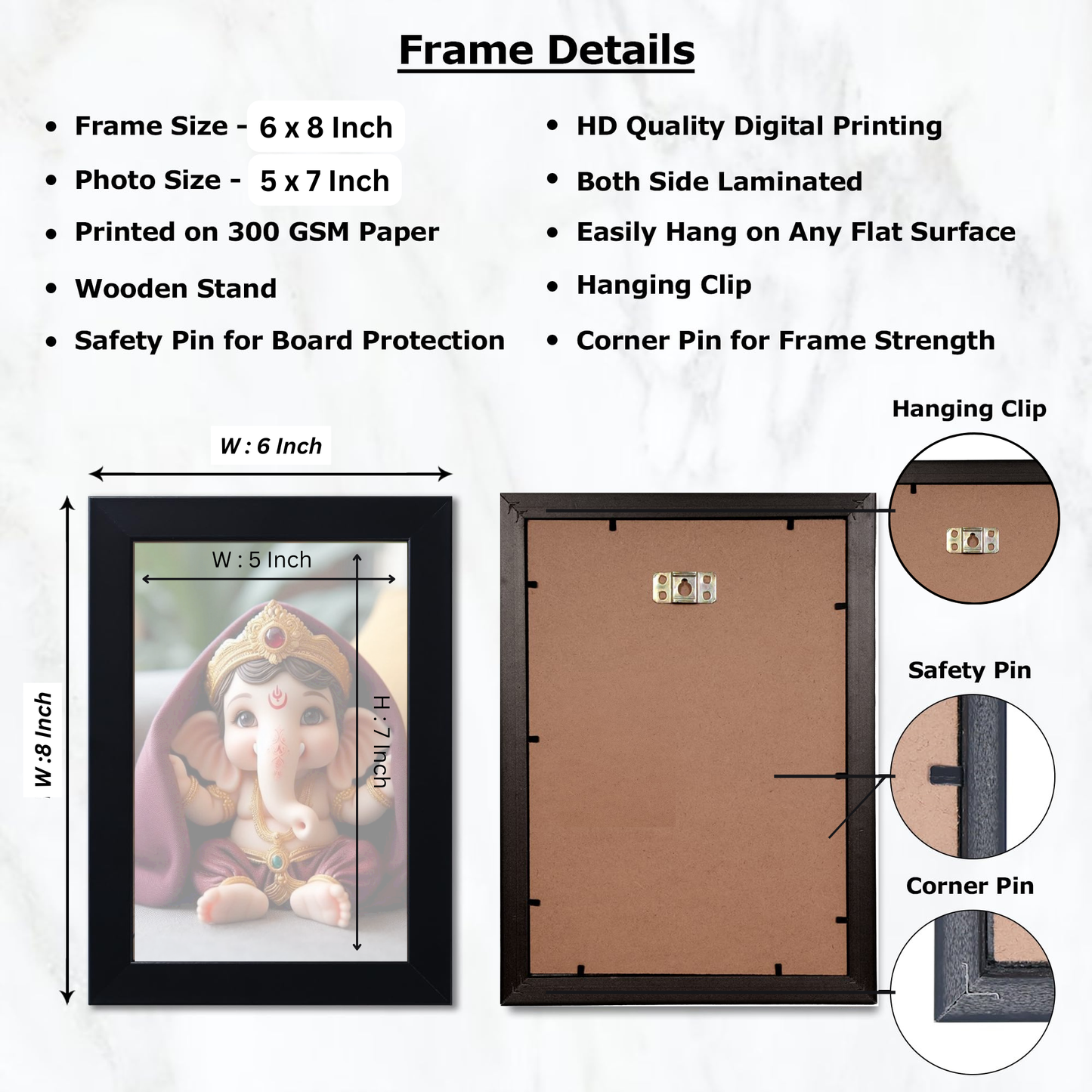 Lord Ganesha Ji Photo Frame for Wall and Pooja, Poster for Pooja, Religious Framed Painting, Laminated God Photo Frames, Wall Decor Photo Frame