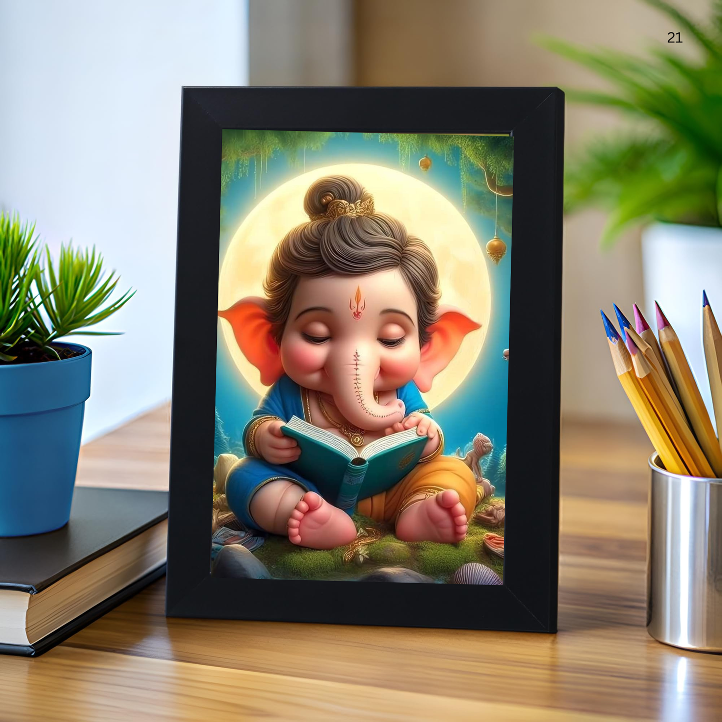 Lord Bal Ganesh Ji Photo Frame | Unique Ganesha Painting Picture for Home Decor, Wall Hanging, Puja Room, Ganpati Ji for Small Office Desk