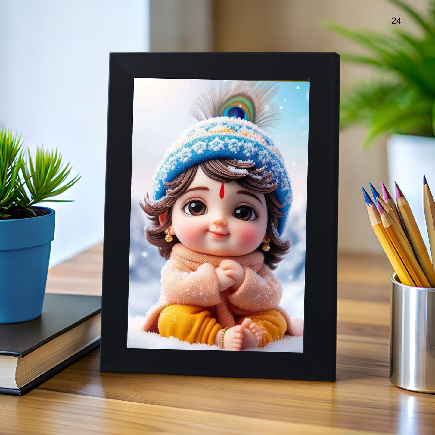 Baby Krishna Photo Frame | Shri Bal Gopal Painting for Pregnant Women | Kanha Ji Poster | Laddu Lord Makhan Chor | Walls Home Bedroom Living Room Decoration Gift