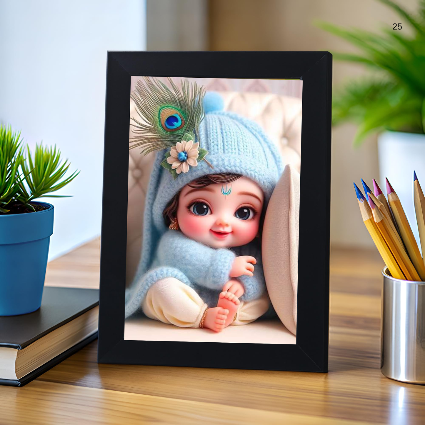 Baby Krishna Photo Frame | Shri Bal Gopal Painting for Pregnant Women | Kanha Ji Poster | Laddu Lord Makhan Chor | Walls Home Bedroom Living Room Decoration Gift.