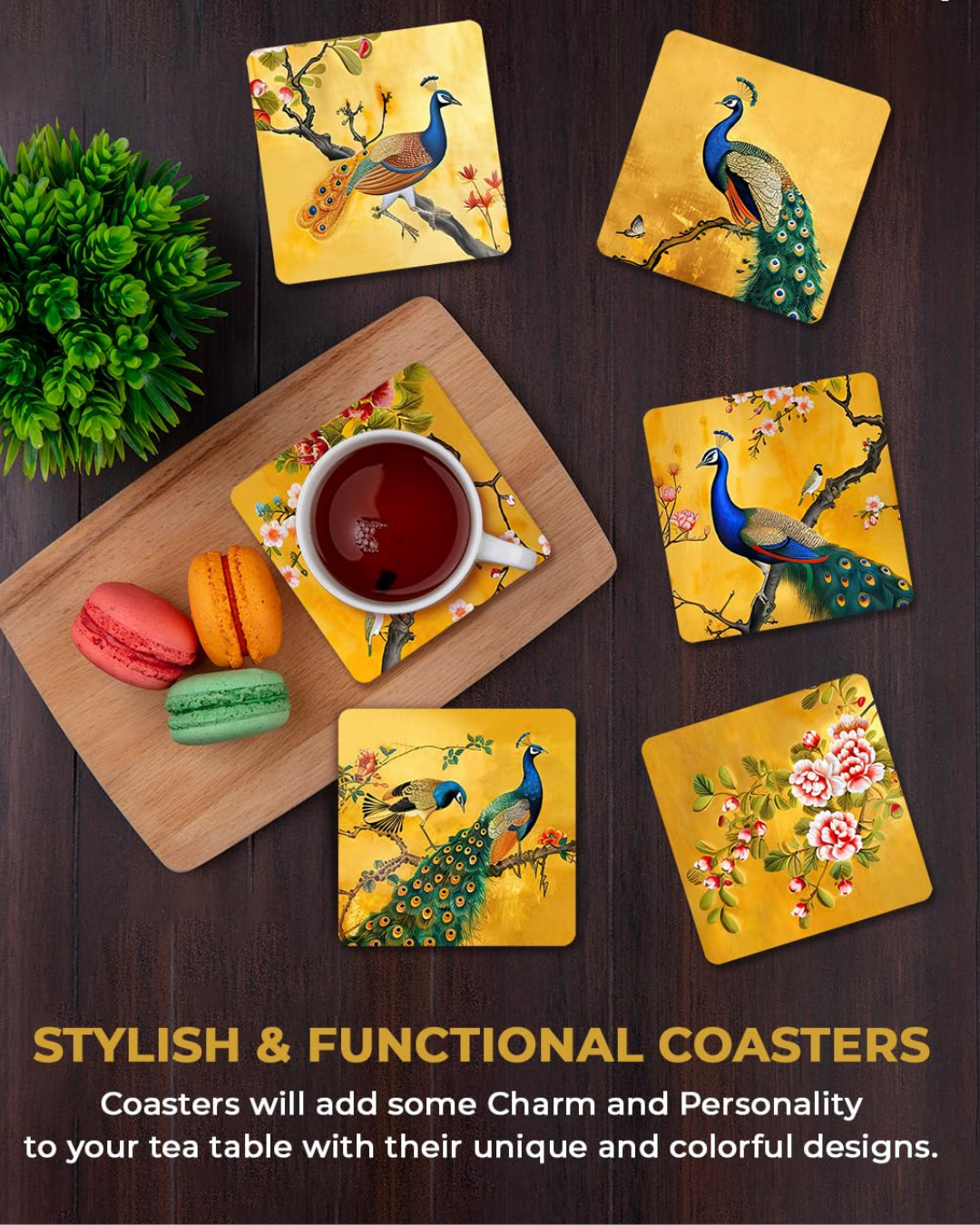 Premium Ethnic Peacock Rajasthani Square Wooden Coasters, Fit for Tea Cups, Coffee Mugs and Glasses 4 8 12 (3.5X3.5 Inch) (Set of 6)003