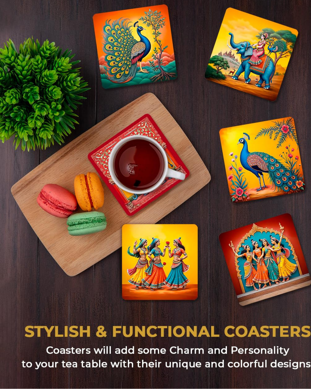 Premium Ethnic Peacock Elephant Rajasthani Square Wooden Coasters, Fit for Tea Cups, Coffee Mugs and Glasses 4 8 12 (3.5X3.5 Inch) (Set of 6)004