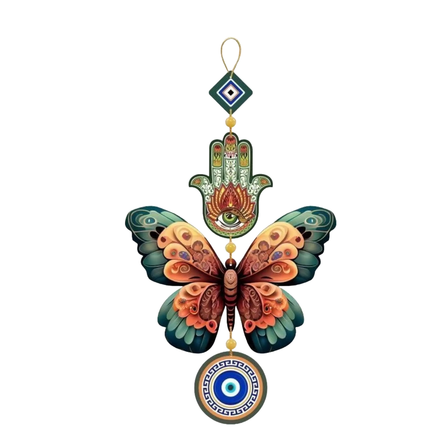 Butterfly Shaped Evil Eye Wall Hanging Dark Green And Orange Engineered Wood Decor
