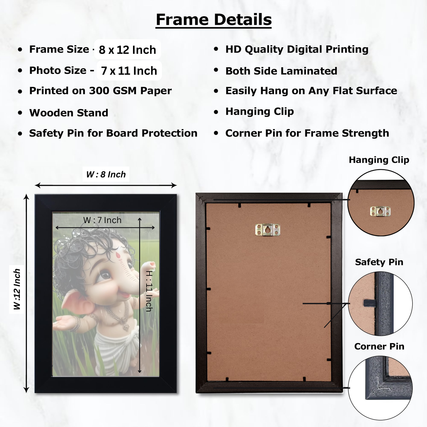 Lord Ganesha Ji Photo Frame for Wall and Pooja, Poster for Pooja, Religious Framed Painting, Laminated God Photo Frames, Wall Decor Photo Frame