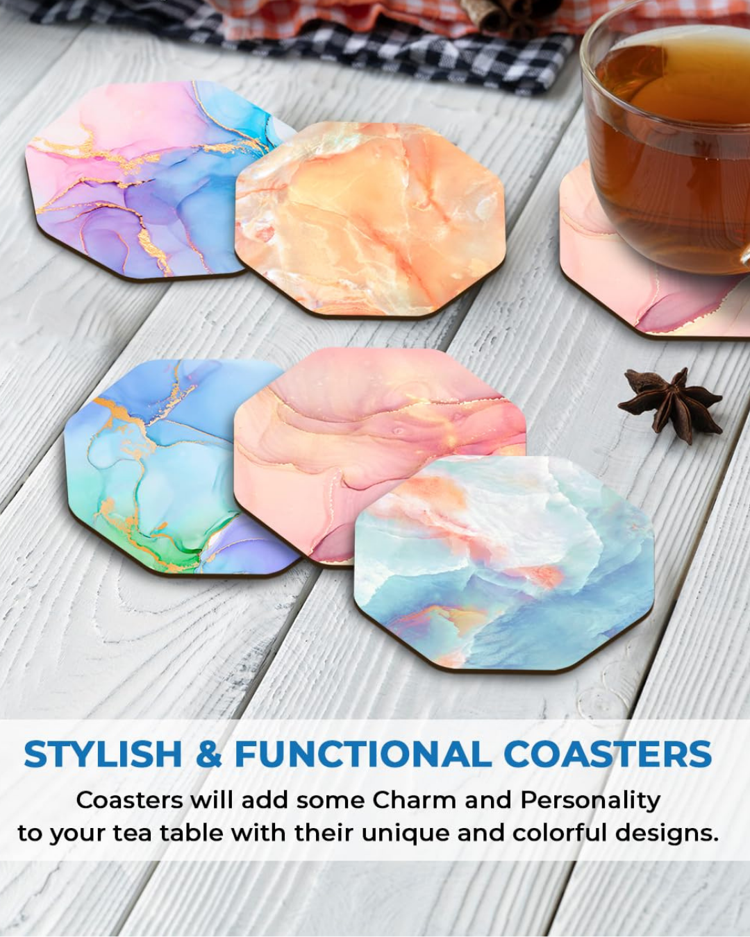 Marble Octagon Premium Designer Printed Beautiful Wooden Coasters Fit for Tea Cups, Coffee Mugs and Glasses 4 6 12 (3.5X3.5 Inch) ( (Set of 5)005