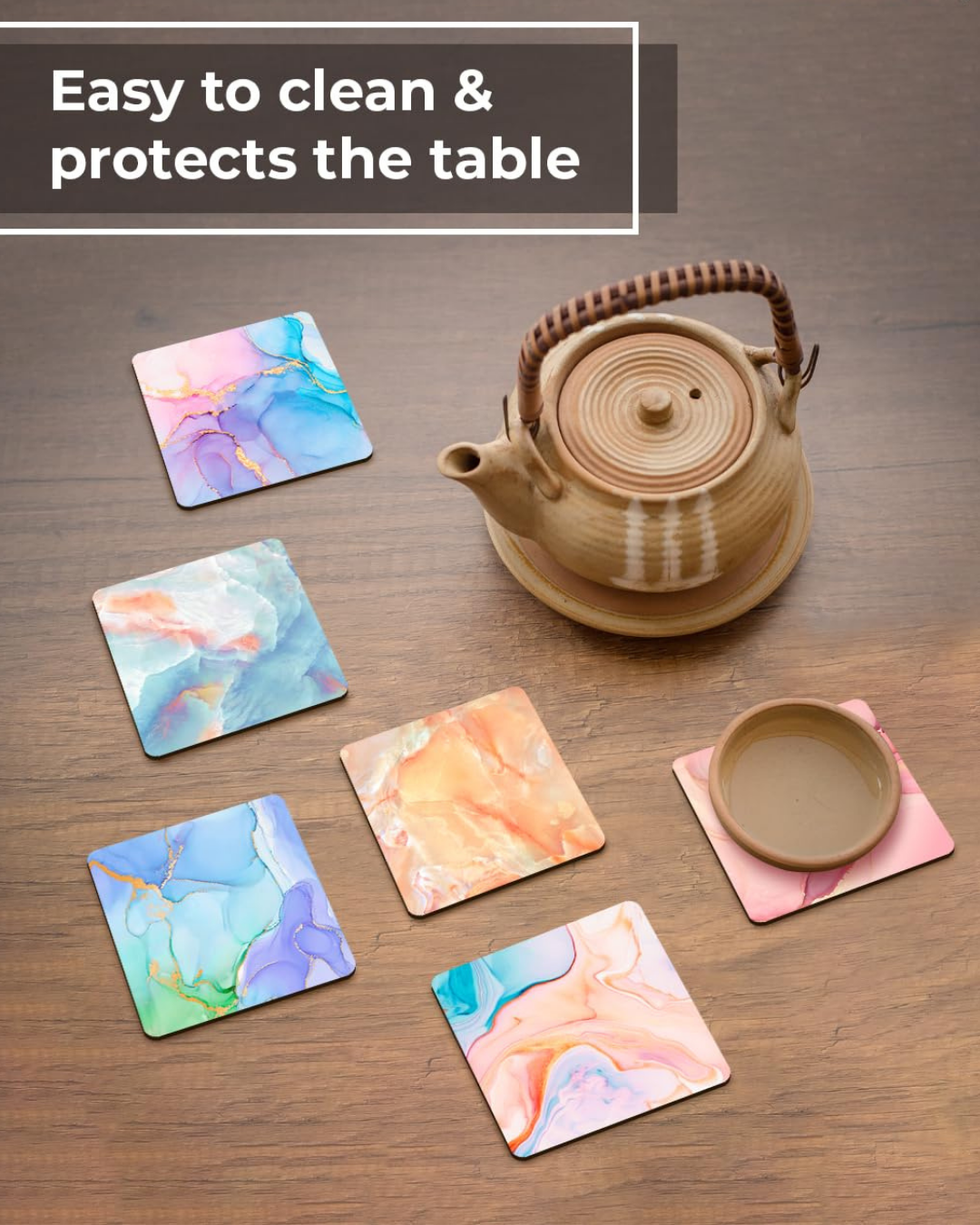Marble Square Premium Designer Printed Beautiful Wooden Coasters Fit for Tea Cups, Coffee Mugs and Glasses Marble Square 12 8 (3.5X3.5 Inch) (Set of 6)006