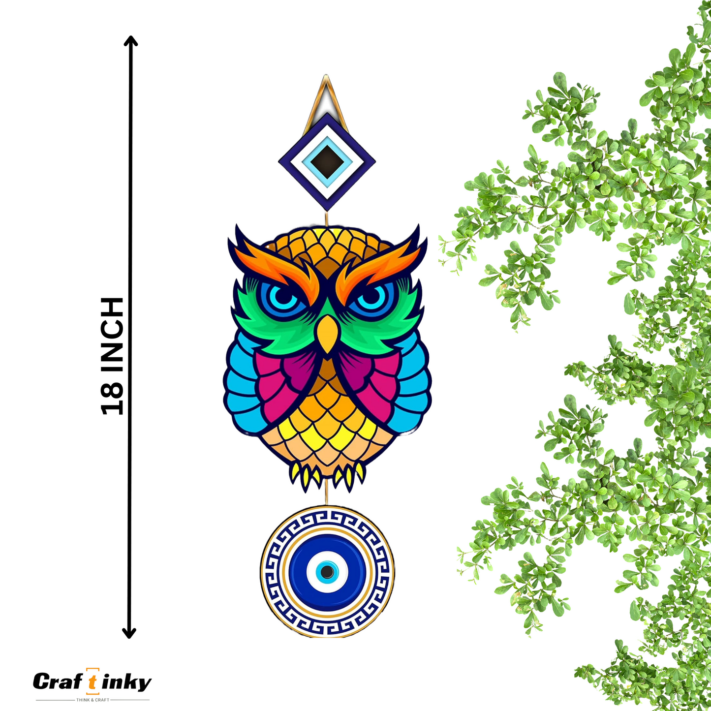 Small Owl Shaped Evil Eye Wall Hanging Multicolor Engineered Wood Decor
