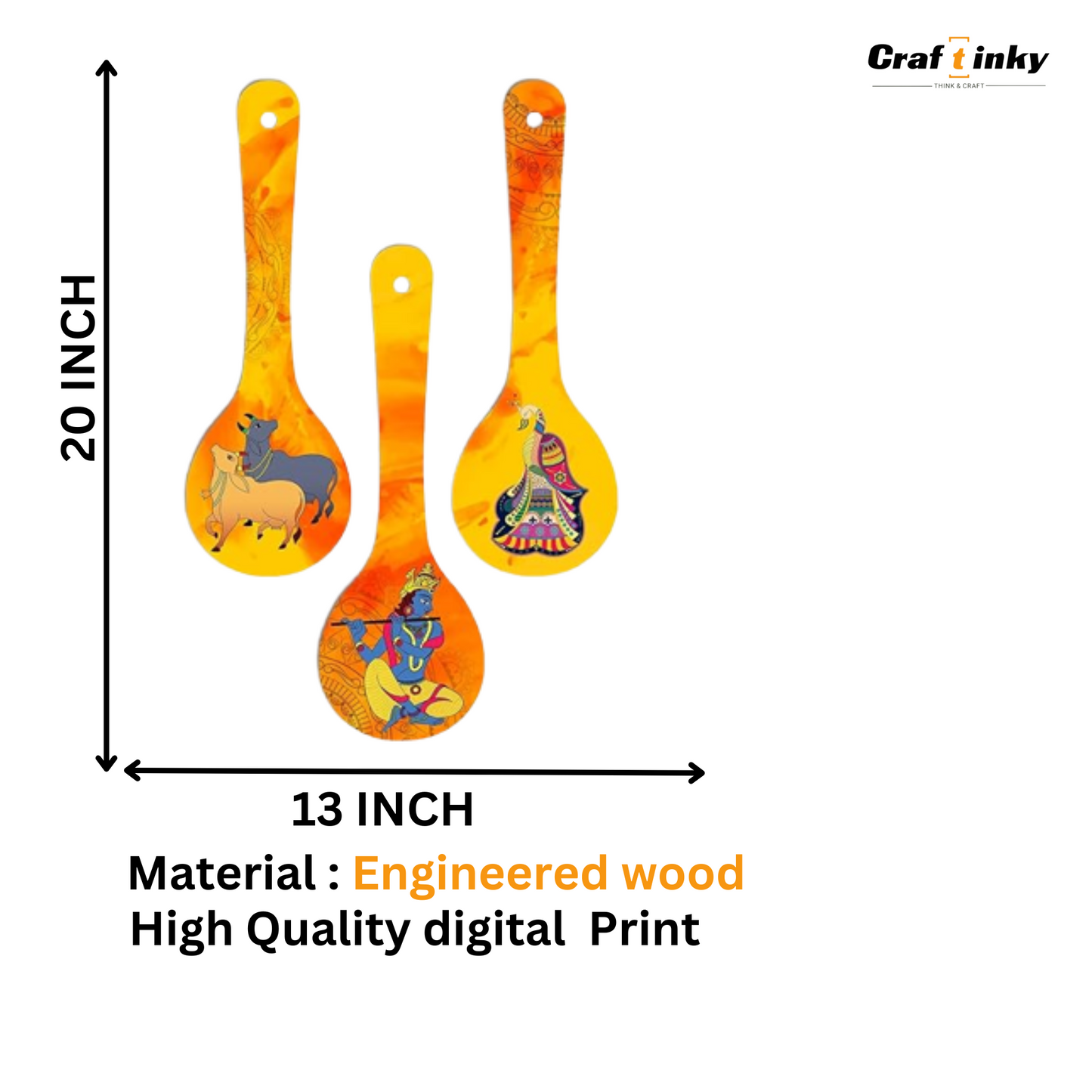 Krishna Spoon Shape Wall Hanging Set 3piece Engineered Wood Decor