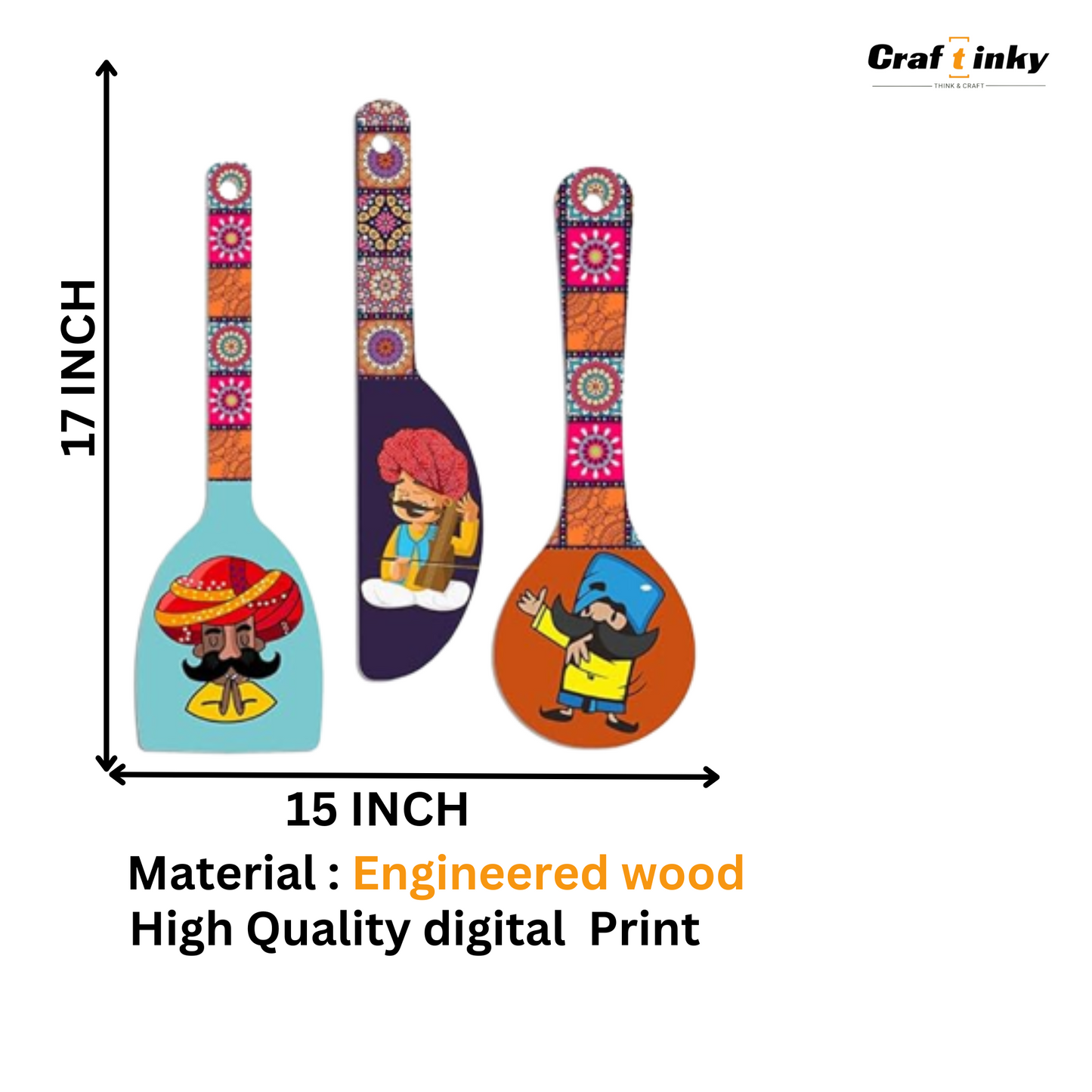 Rajasthani Cultural Theme Spoon Shape Wall Hanging Set 3 Piece Engineered Wood Decor