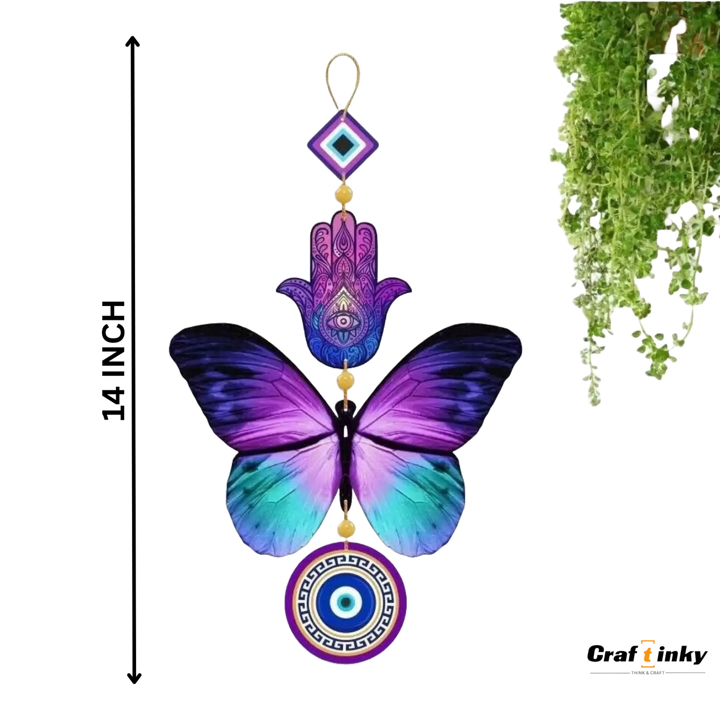 Purple Butterfly Design Evil Eye Wall Hanging Engineered Wood Decorative Charm
