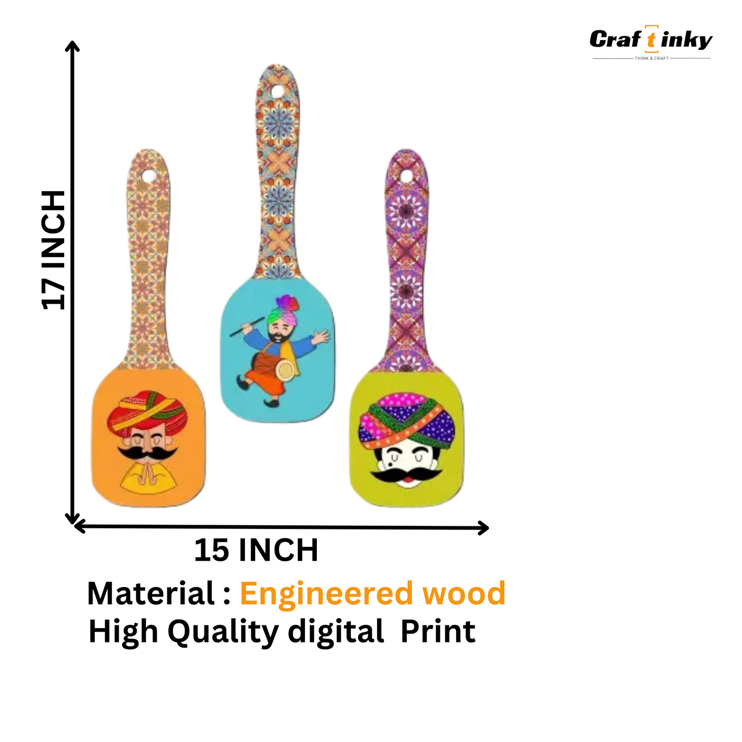 Bhangra Theme Spoon Shape Wall Hanging Set 3 piece Engineered Wood Decor