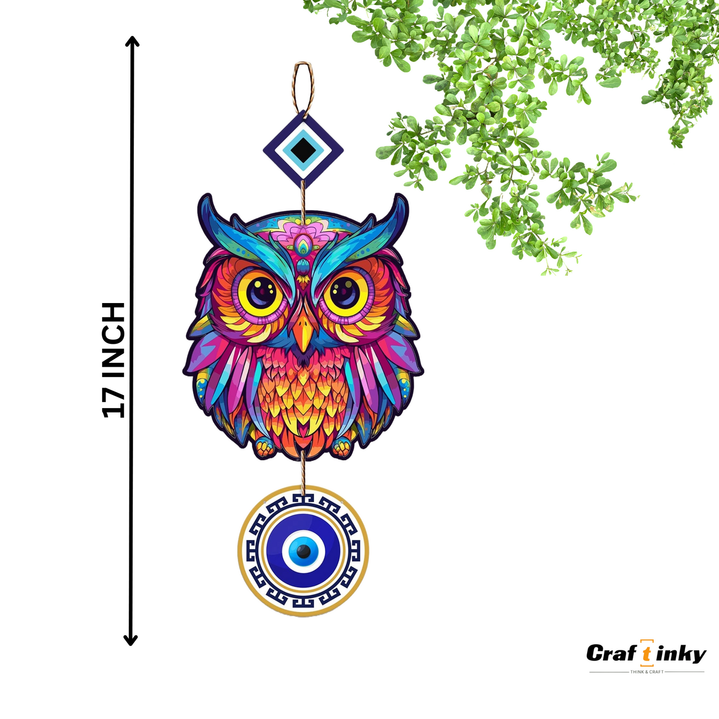 Purple Owl Shaped Evil Eye Wall Hanging Multicolor Engineered Wood Decor