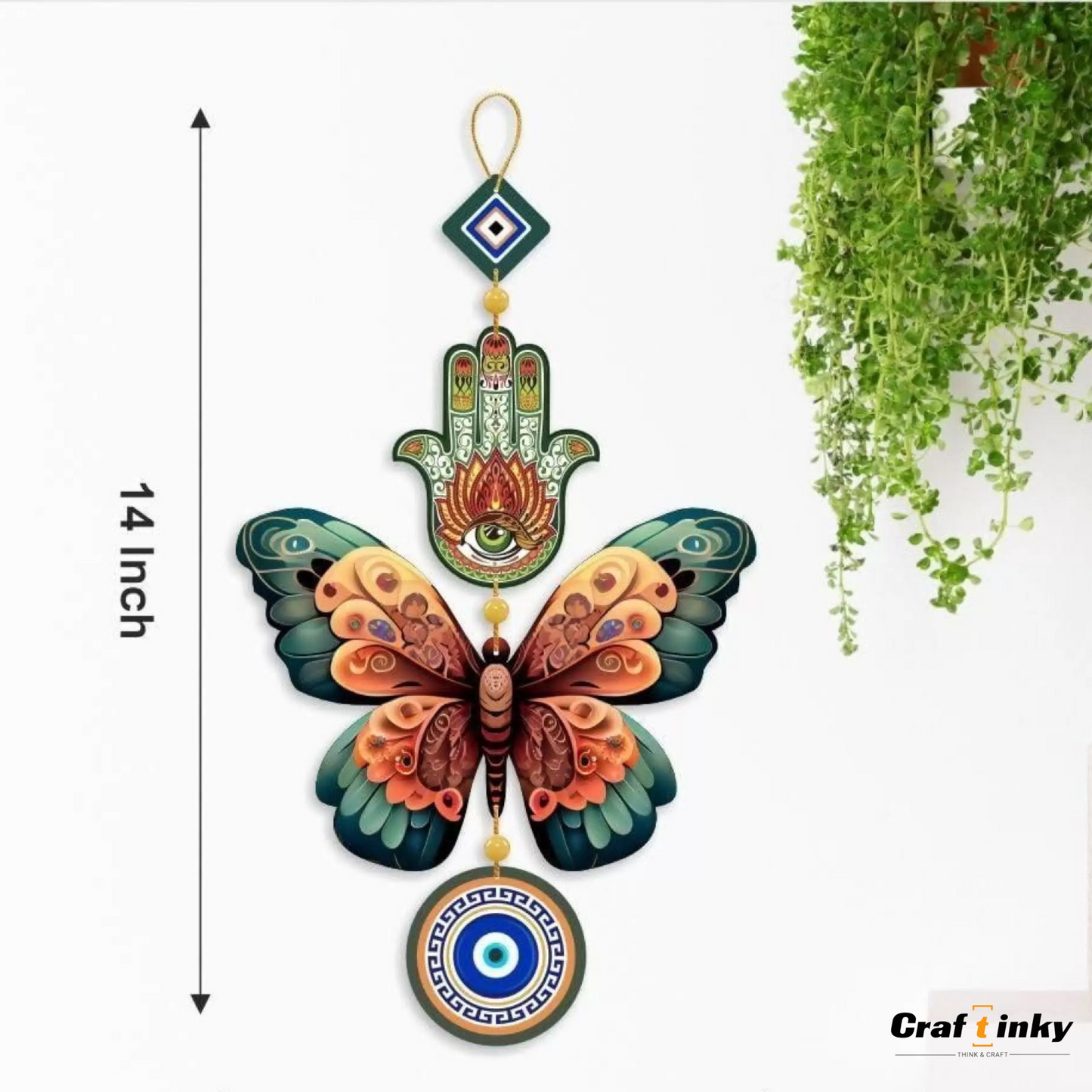 Butterfly Shaped Evil Eye Wall Hanging Dark Green And Orange Engineered Wood Decor
