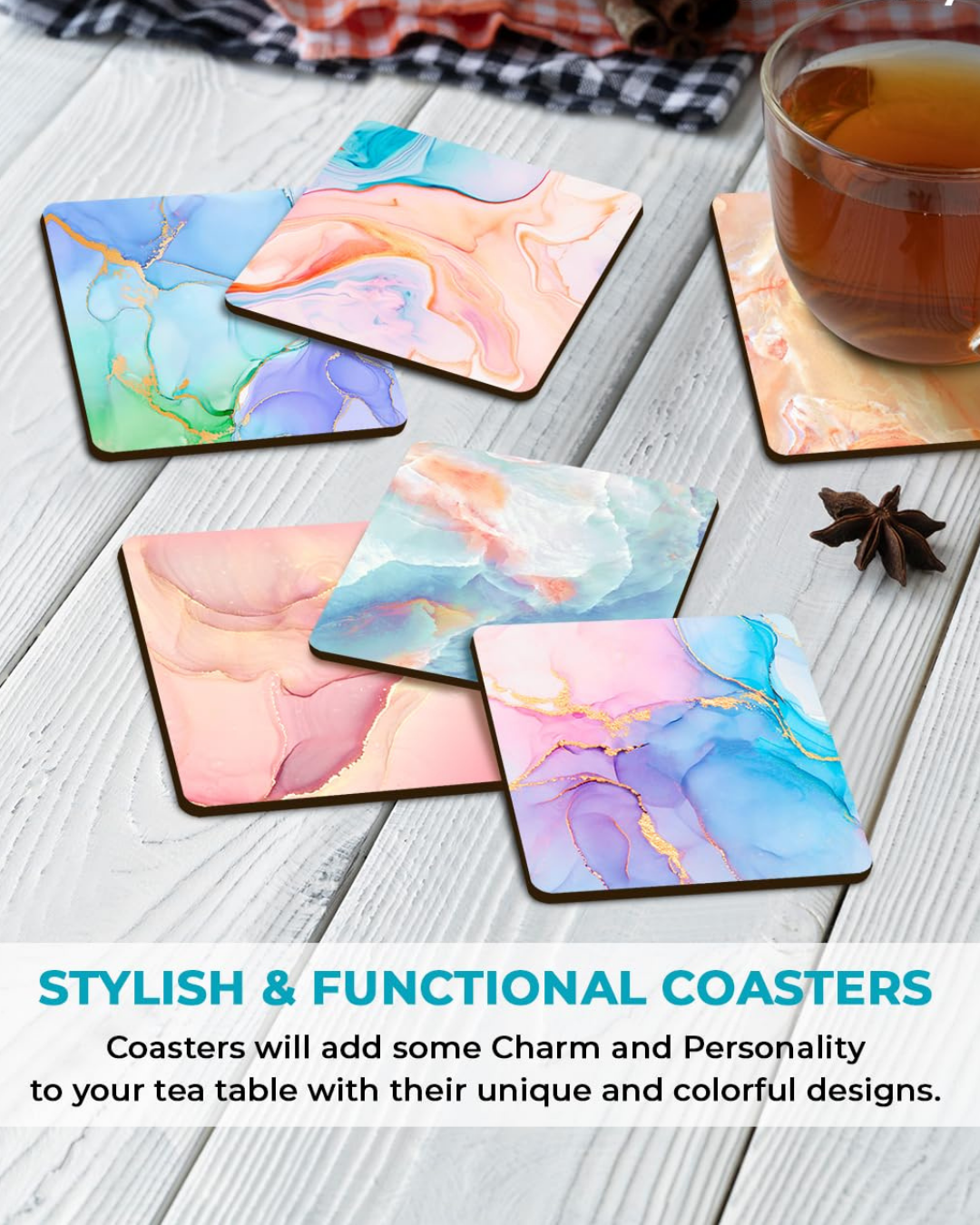 Marble Square Premium Designer Printed Beautiful Wooden Coasters Fit for Tea Cups, Coffee Mugs and Glasses Marble Square 12 8 (3.5X3.5 Inch) (Set of 6)006