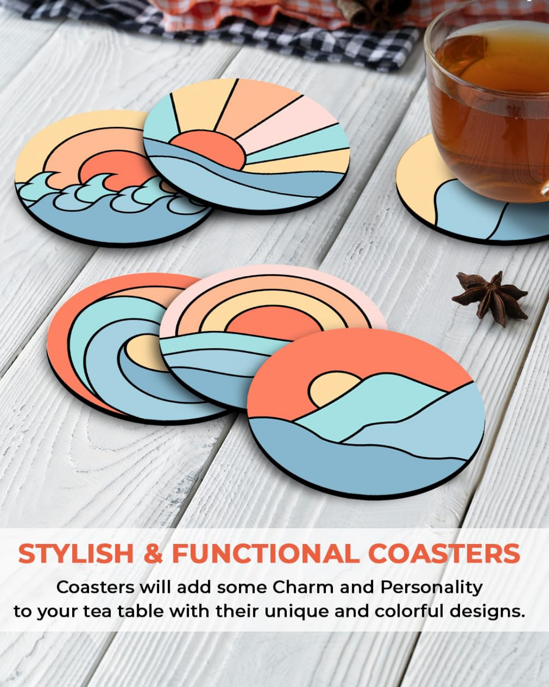 Premium Designer painting Printed Beautiful Wooden Coasters Fit for Tea Cups, Coffee Mugs and Glasses Marble round (3.5X3.5 Inch) ((Set of 6))007