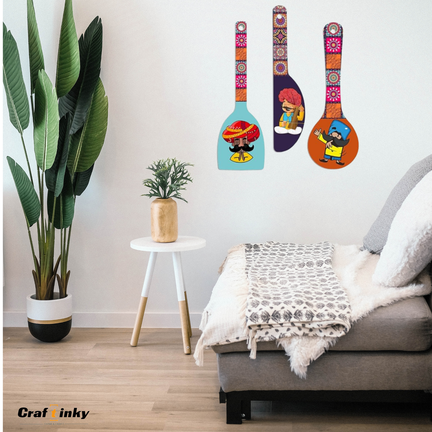 Rajasthani Cultural Theme Spoon Shape Wall Hanging Set 3 Piece Engineered Wood Decor