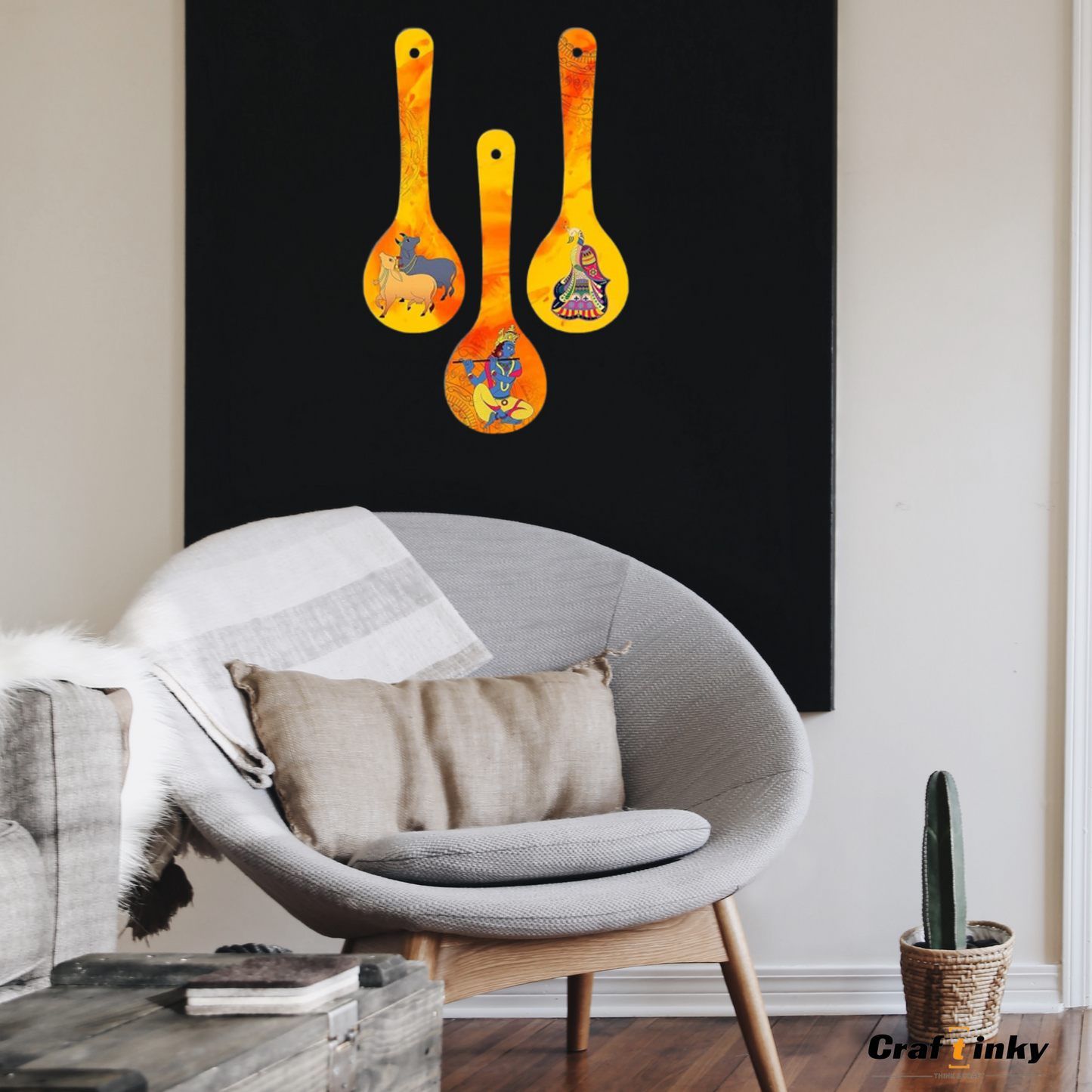 Krishna Spoon Shape Wall Hanging Set 3piece Engineered Wood Decor