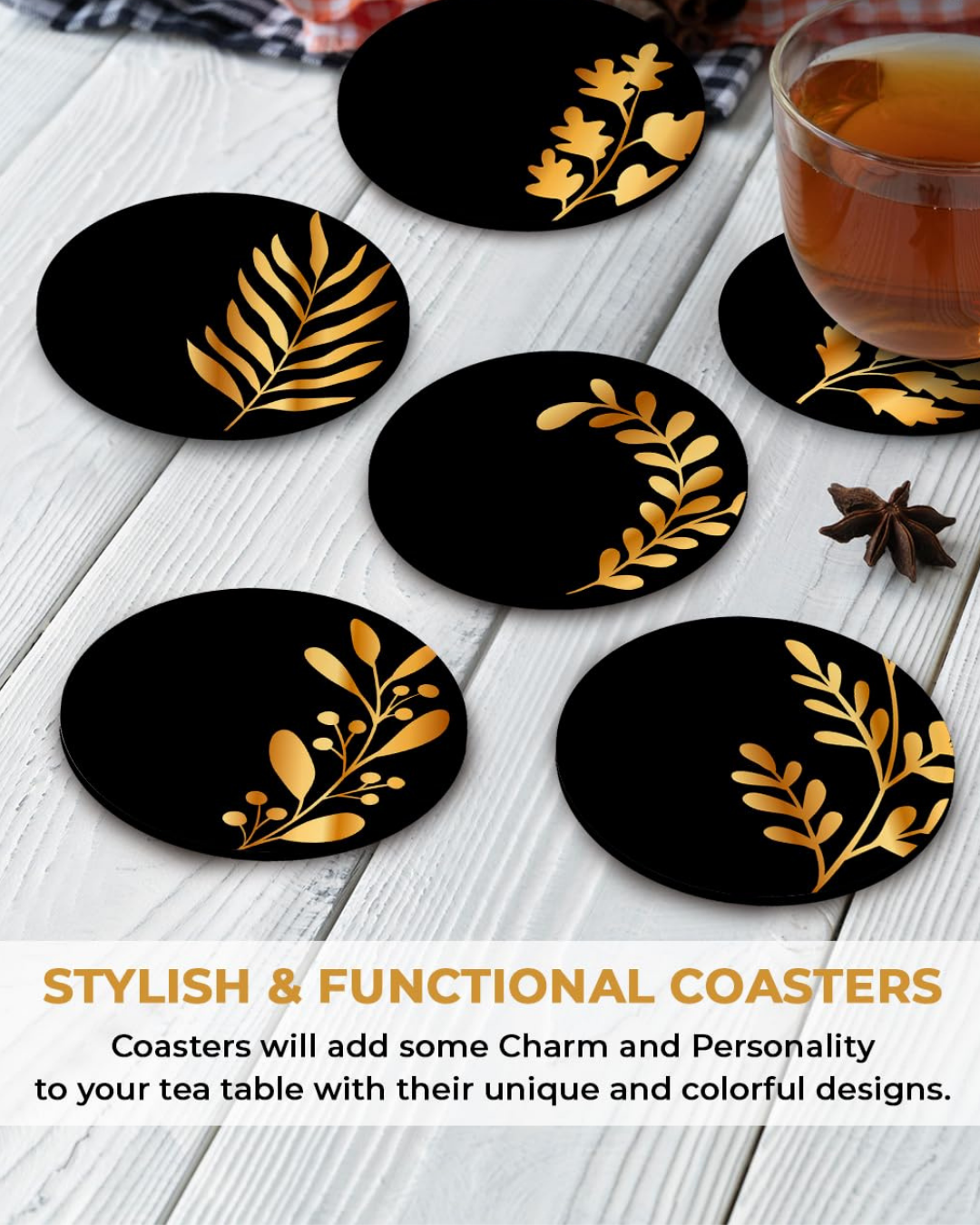 Premium Round Black Leaf Beautiful Wooden Coasters, Diwali Gift, Fit for Tea Cups, Coffee Mugs and Glasses 4 8 12 (3.5X3.5 Inch) (Design 12 (Set of 6))001