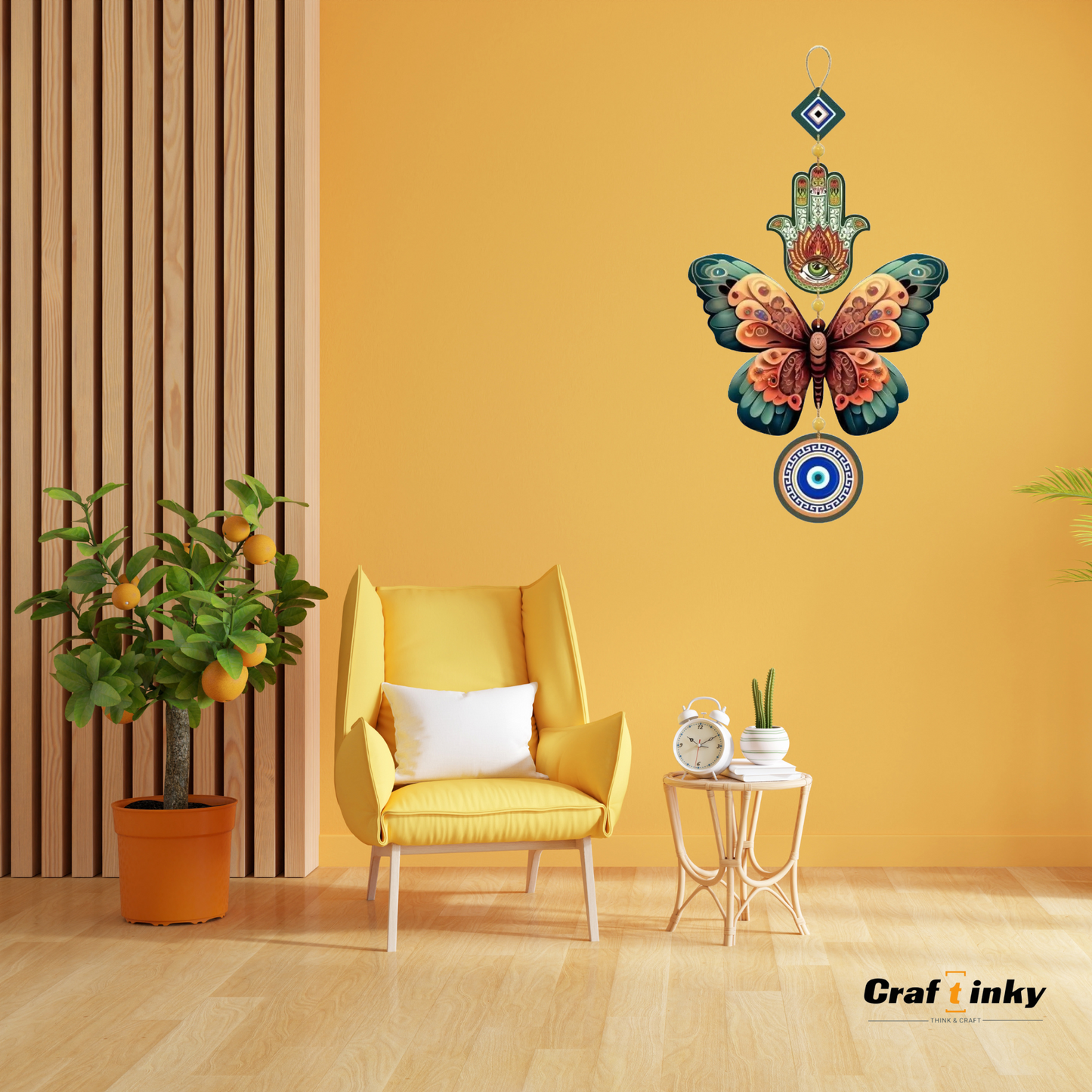 Butterfly Shaped Evil Eye Wall Hanging Dark Green And Orange Engineered Wood Decor