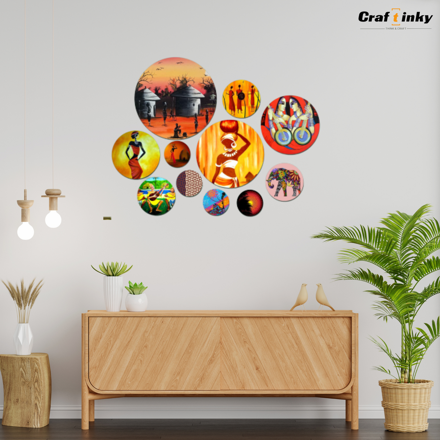 Indian Village Culture Round Wall Hanging Set 11-piece Engineered Wood Decor