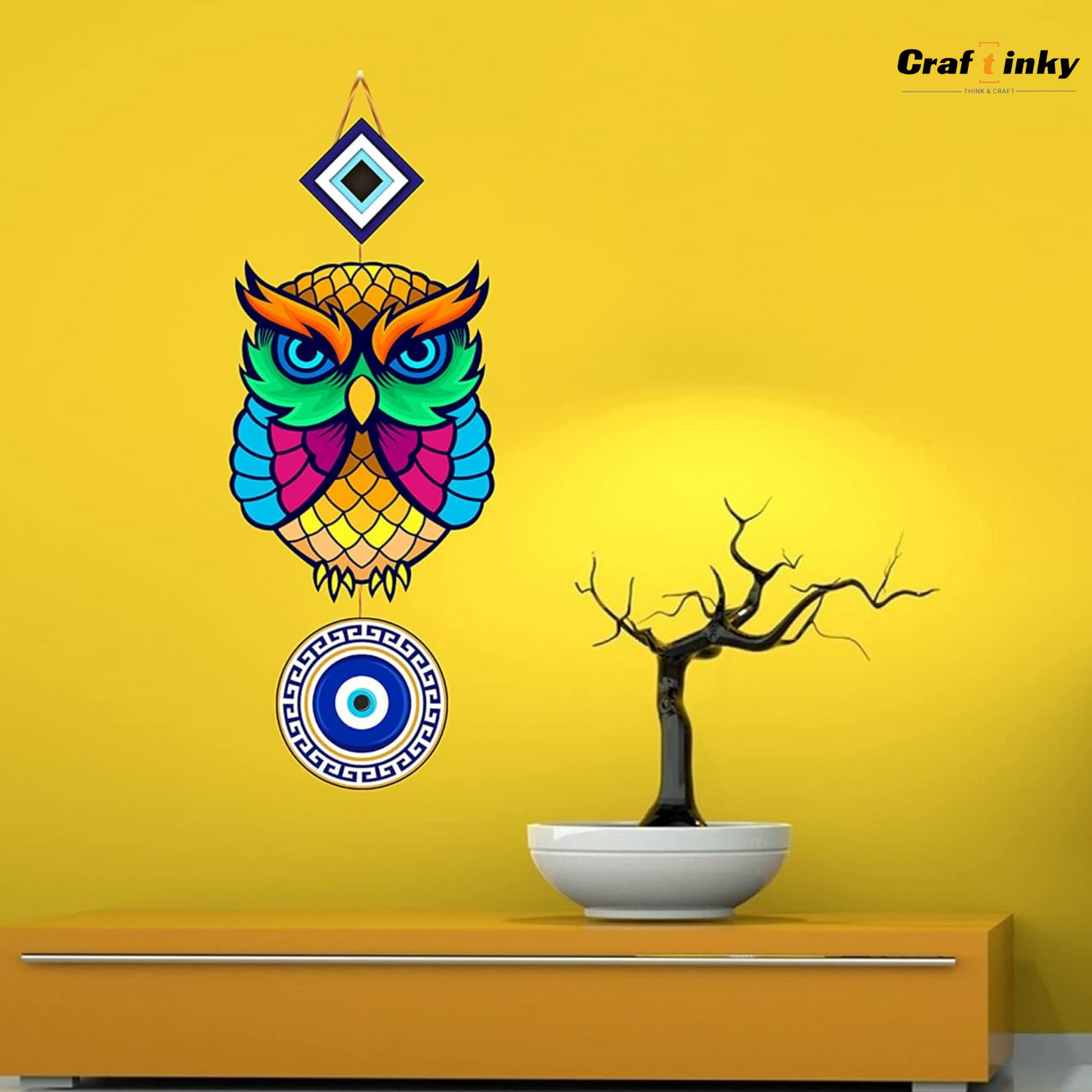 Small Owl Shaped Evil Eye Wall Hanging Multicolor Engineered Wood Decor
