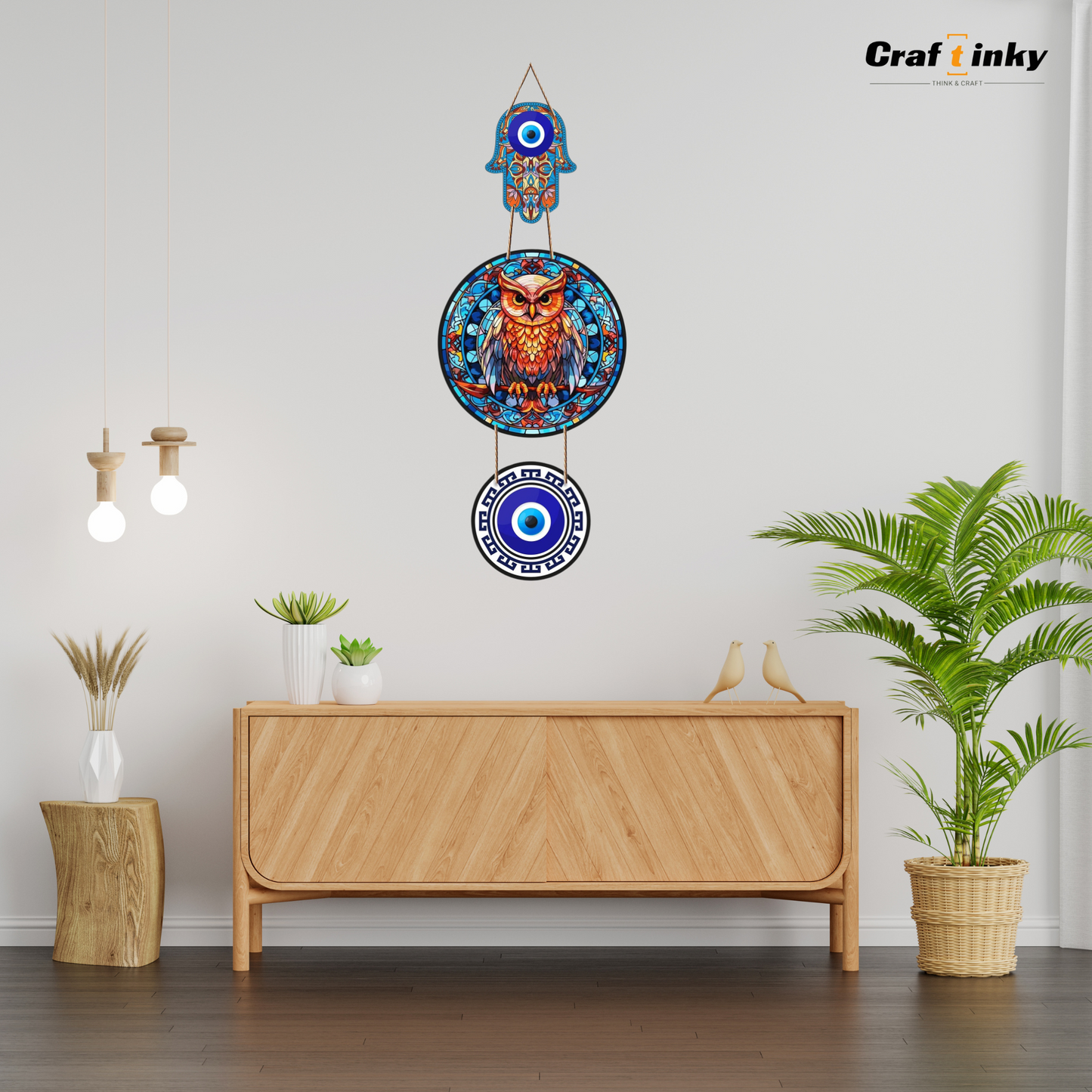Round Owl Design Evil Eye Wall Hanging Dark Multicolor Engineered Wood Decor