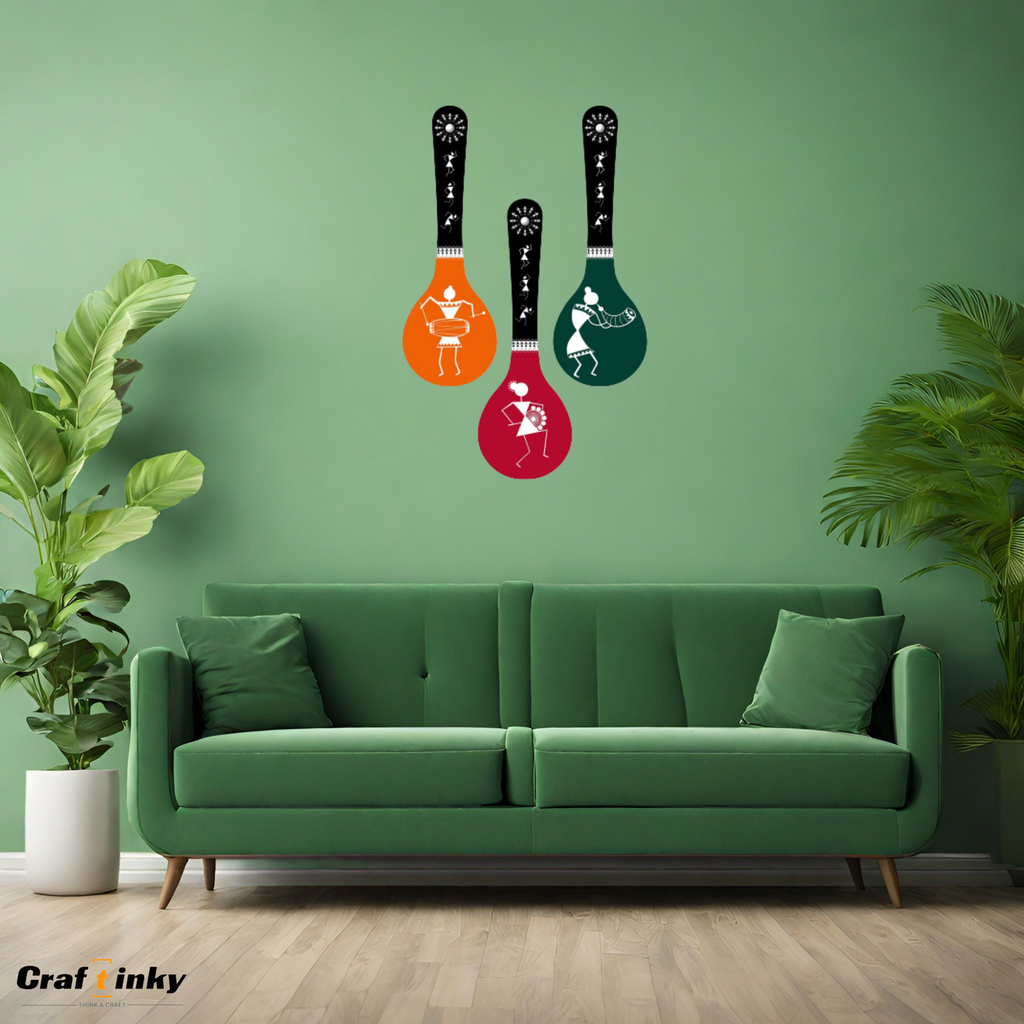 Dancing Lady Spoon Shape Wall Hanging Set 3 piece Engineered Wood Decor