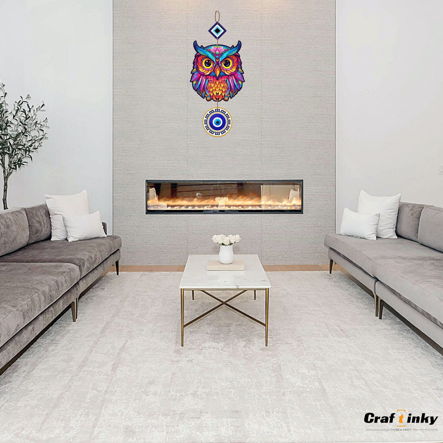 Purple Owl Shaped Evil Eye Wall Hanging Multicolor Engineered Wood Decor