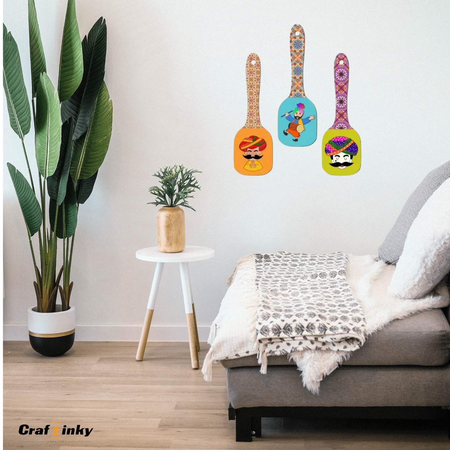 Bhangra Theme Spoon Shape Wall Hanging Set 3 piece Engineered Wood Decor