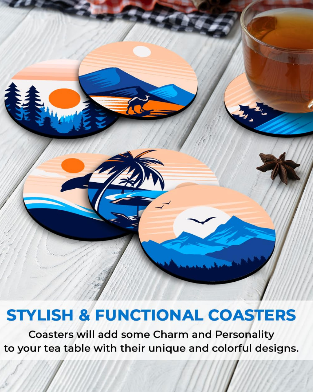 lake Design Premium Designer Printed Beautiful Wooden Coasters Fit for Tea Cups, Coffee Mugs and Glasses Marble round (3.5X3.5 Inch) (Design 17 (Set of 6))009