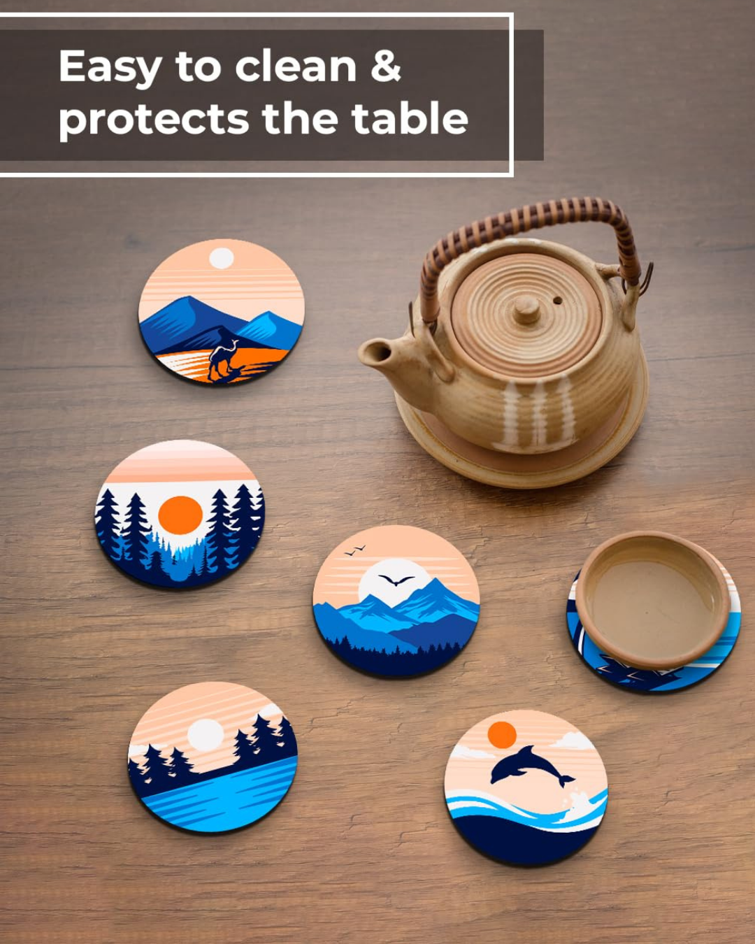 lake Design Premium Designer Printed Beautiful Wooden Coasters Fit for Tea Cups, Coffee Mugs and Glasses Marble round (3.5X3.5 Inch) (Design 17 (Set of 6))009