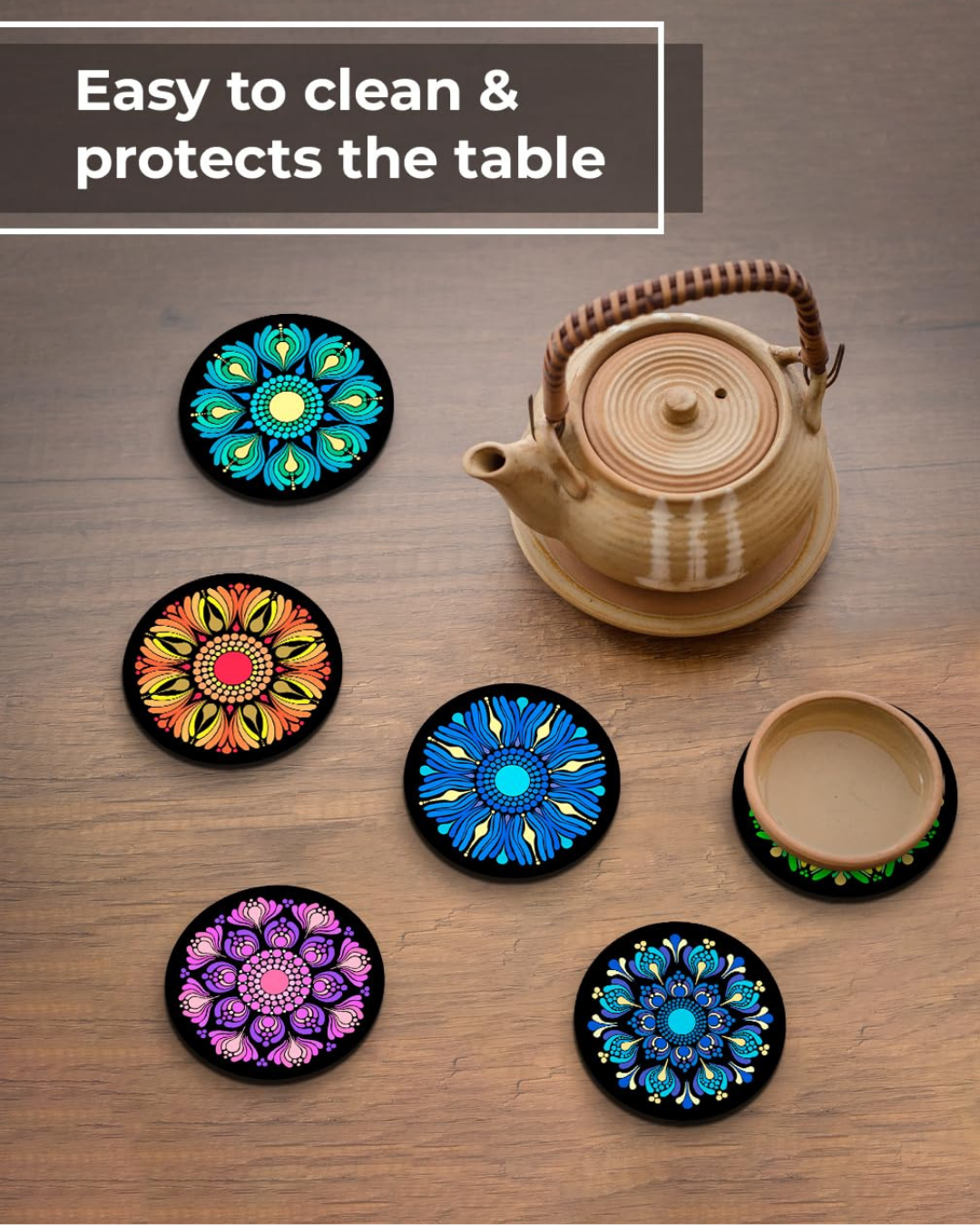 Premium Round Mandala Ethnic Beautiful Wooden Coasters, Diwali Gift, Fit for Tea Cups, Coffee Mugs and Glasses (3.5X3.5 Inch) (Set of 6)010