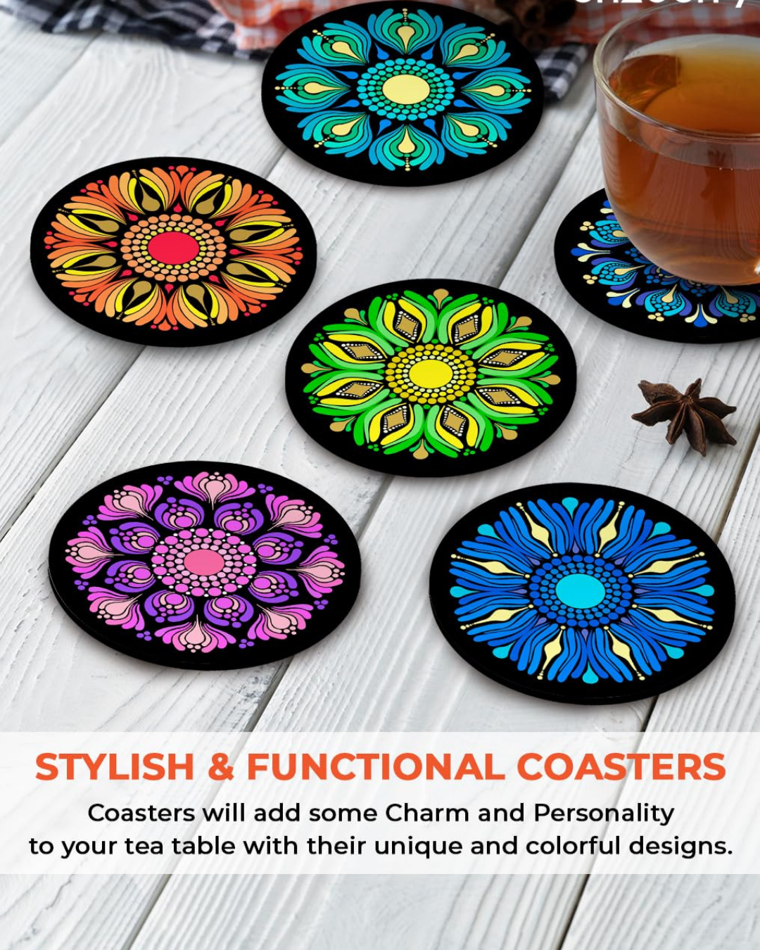 Premium Round Mandala Ethnic Beautiful Wooden Coasters, Diwali Gift, Fit for Tea Cups, Coffee Mugs and Glasses (3.5X3.5 Inch) (Set of 6)010