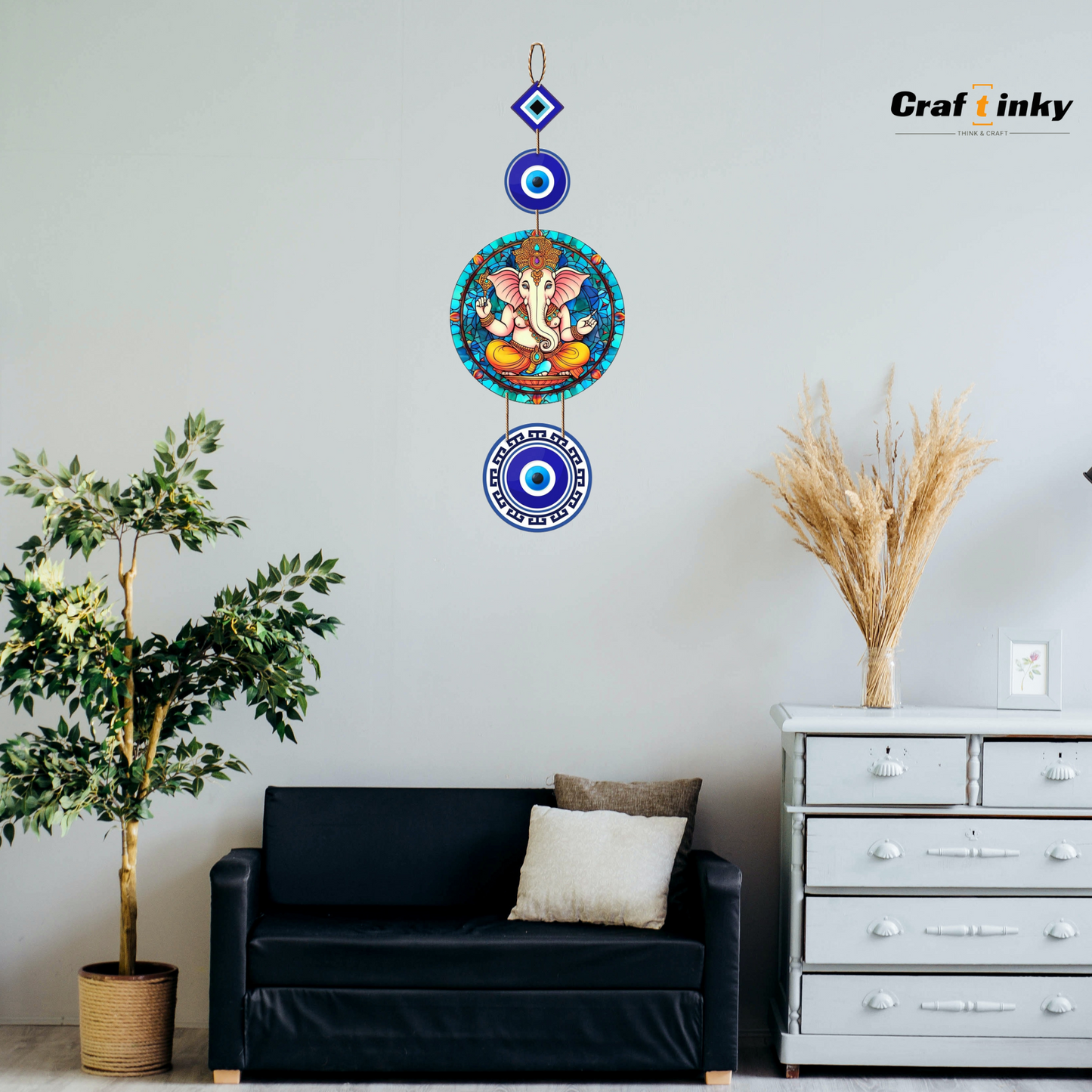 Round Ganesha Design Evil Eye Wall Hanging Engineered Wood Decor