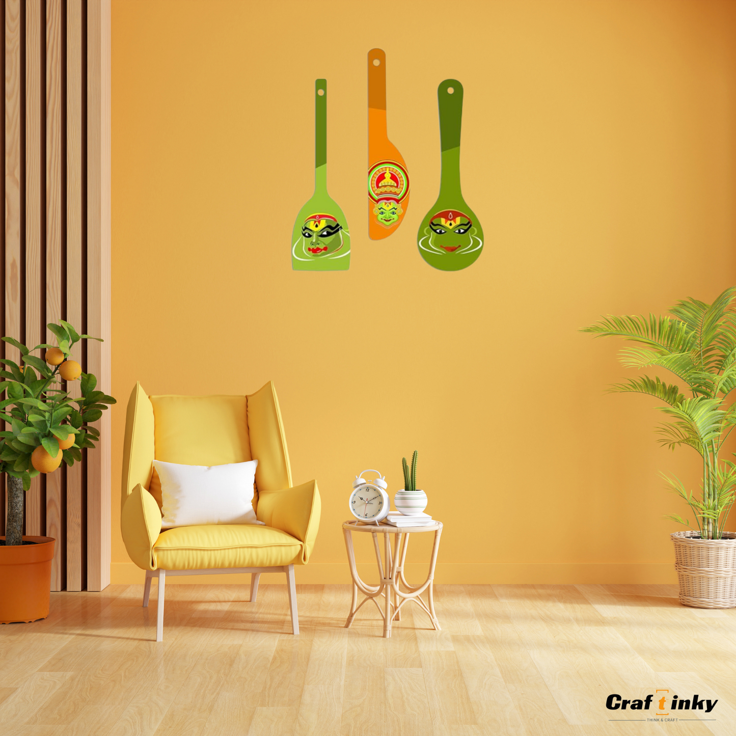 South Indian Cultural Dance Theme Spoon Shape Wall Hanging Set 3 Bpiece Engineered Wood Decor