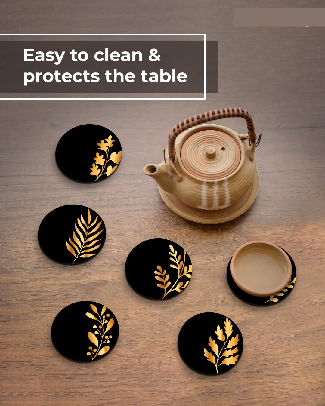 Premium Round Black Leaf Beautiful Wooden Coasters, Diwali Gift, Fit for Tea Cups, Coffee Mugs and Glasses 4 8 12 (3.5X3.5 Inch) (Design 12 (Set of 6))001