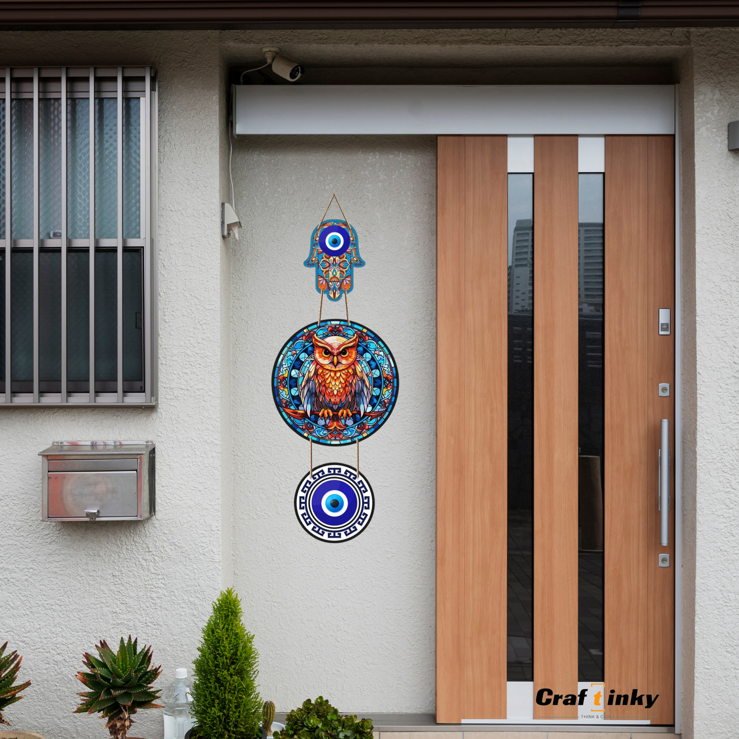 Round Owl Design Evil Eye Wall Hanging Dark Multicolor Engineered Wood Decor