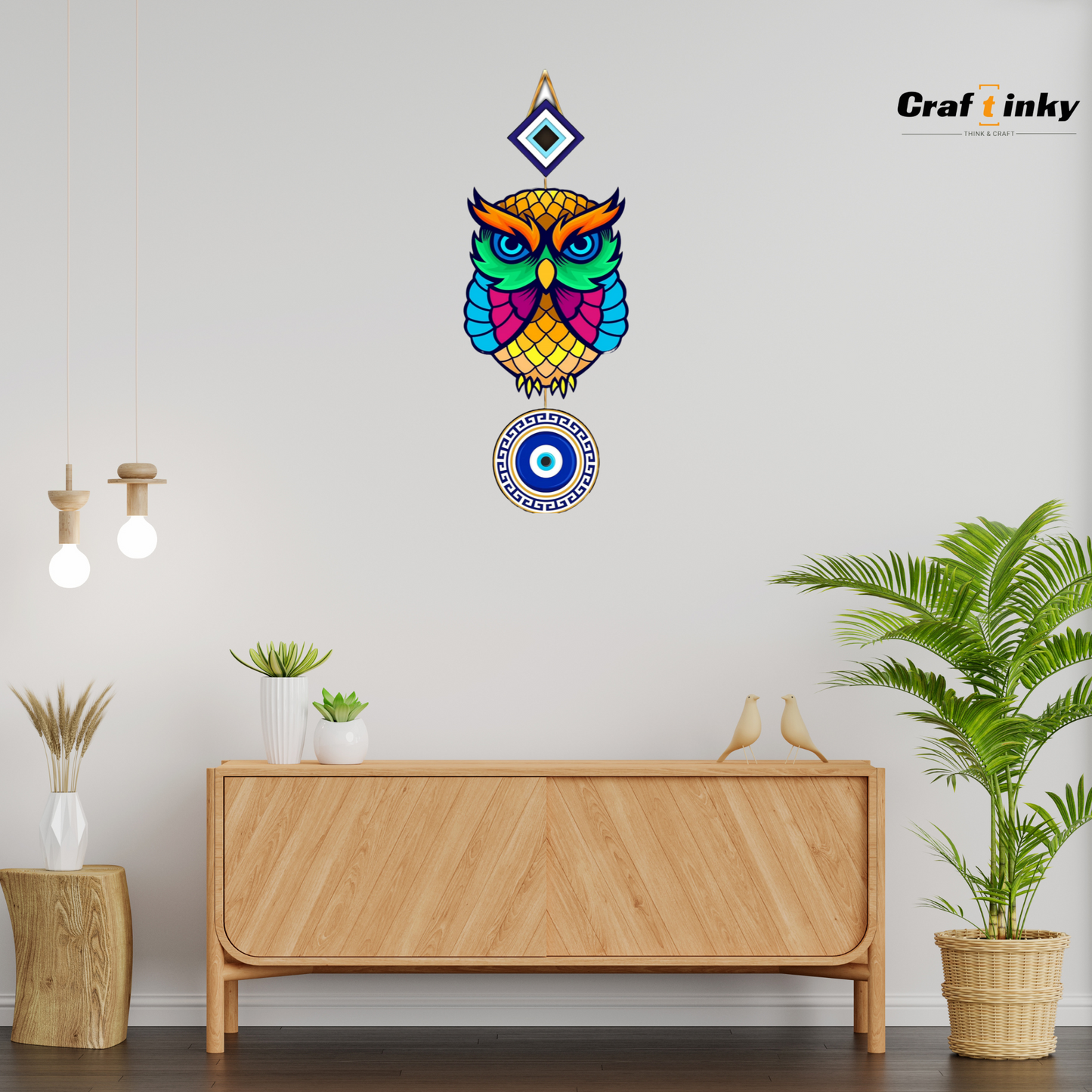 Small Owl Shaped Evil Eye Wall Hanging Multicolor Engineered Wood Decor