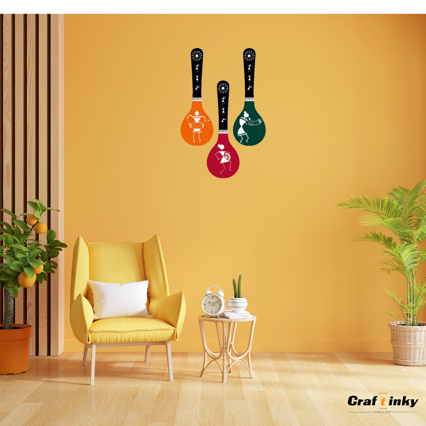 Dancing Lady Spoon Shape Wall Hanging Set 3 piece Engineered Wood Decor