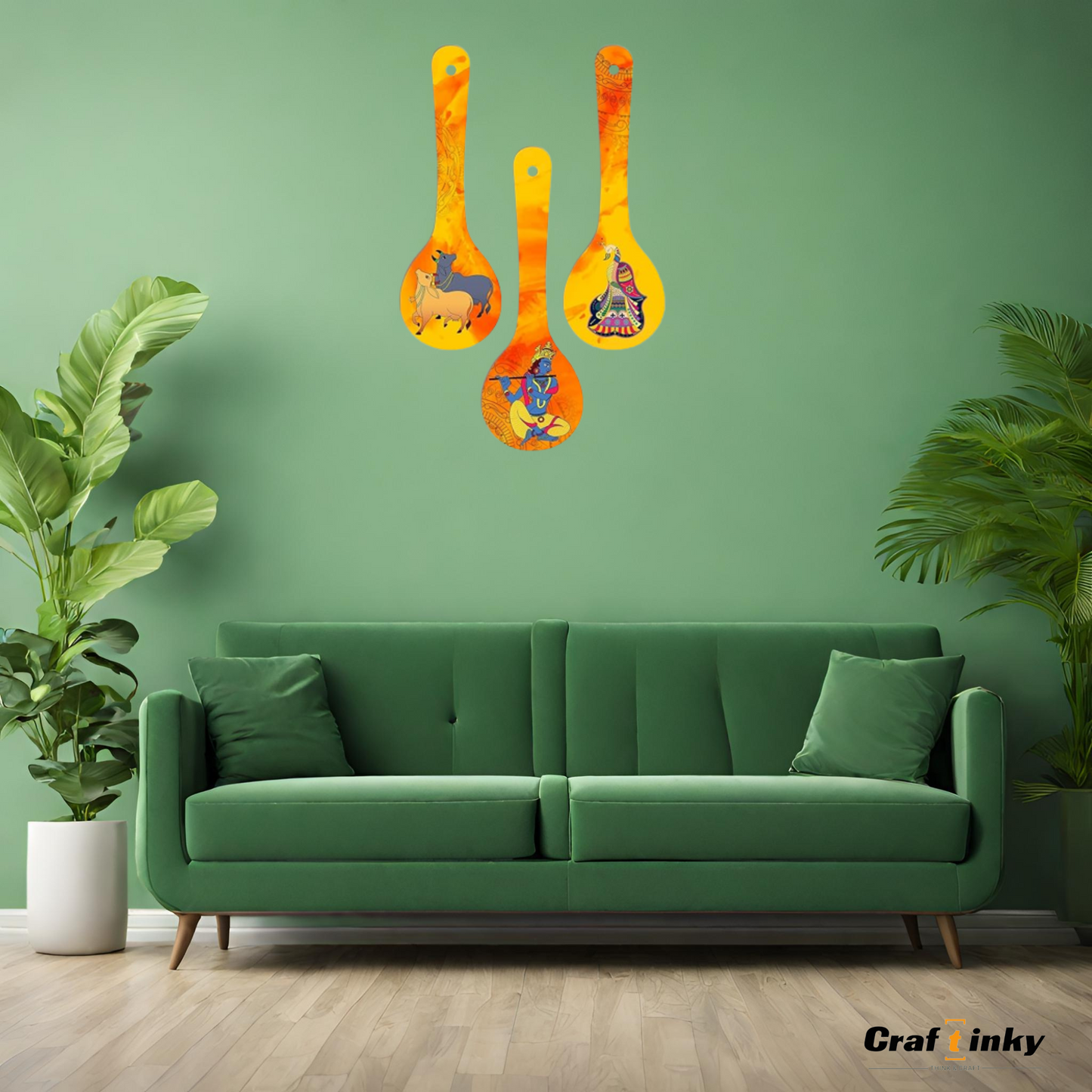 Krishna Spoon Shape Wall Hanging Set 3piece Engineered Wood Decor