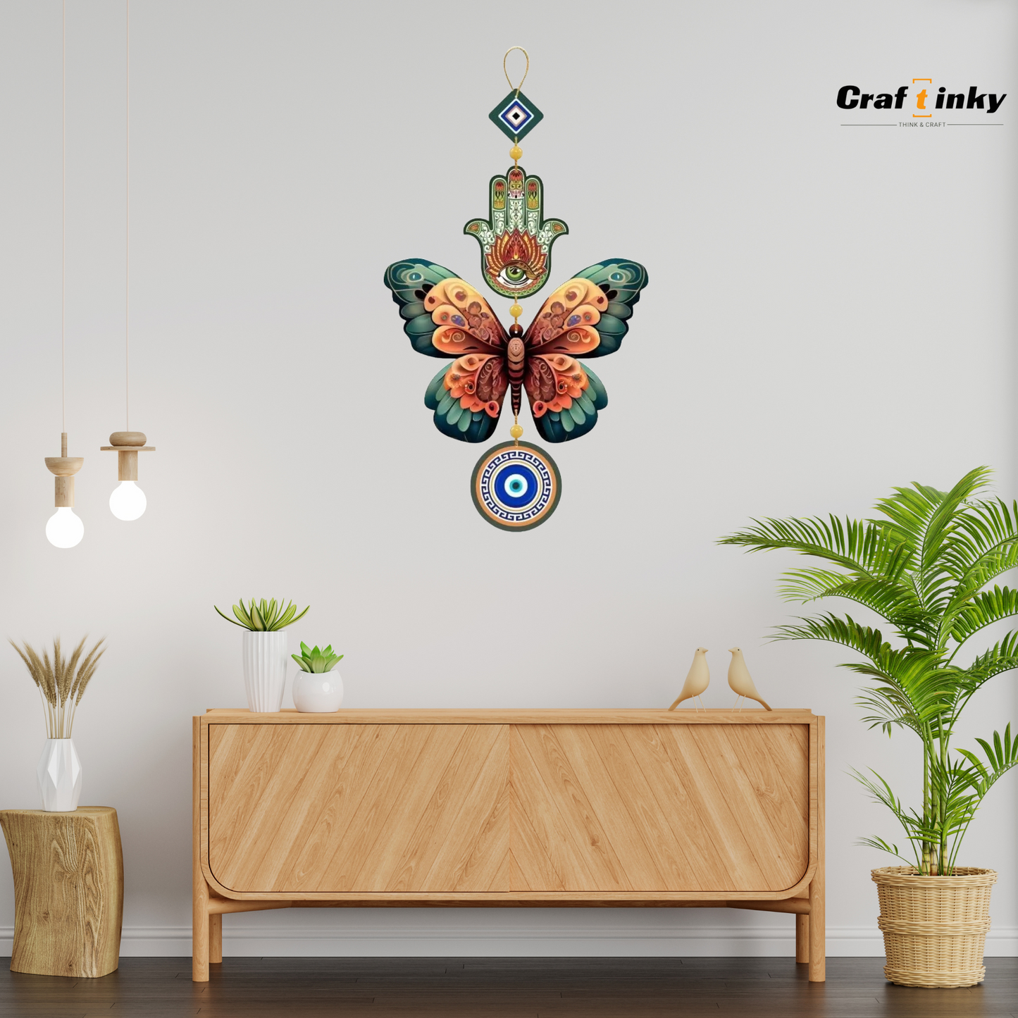 Butterfly Shaped Evil Eye Wall Hanging Dark Green And Orange Engineered Wood Decor