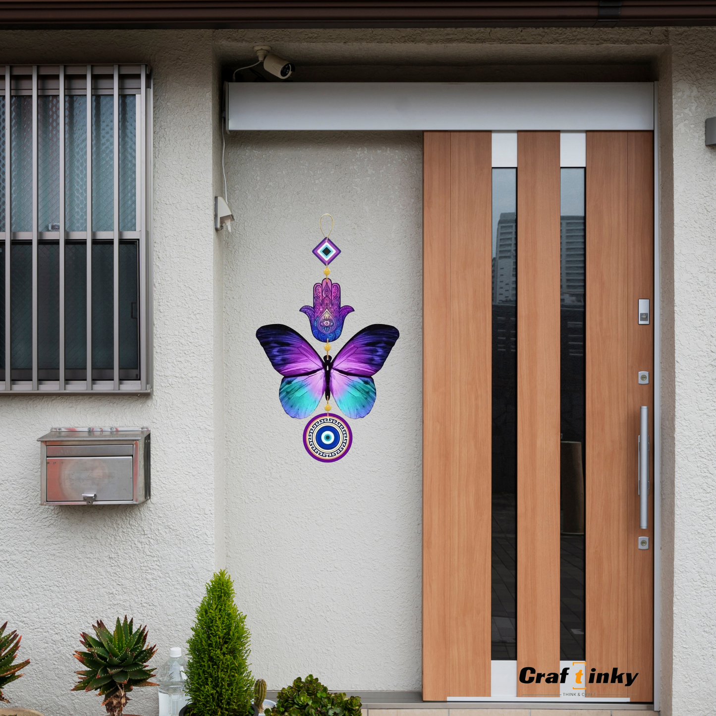 Purple Butterfly Design Evil Eye Wall Hanging Engineered Wood Decorative Charm
