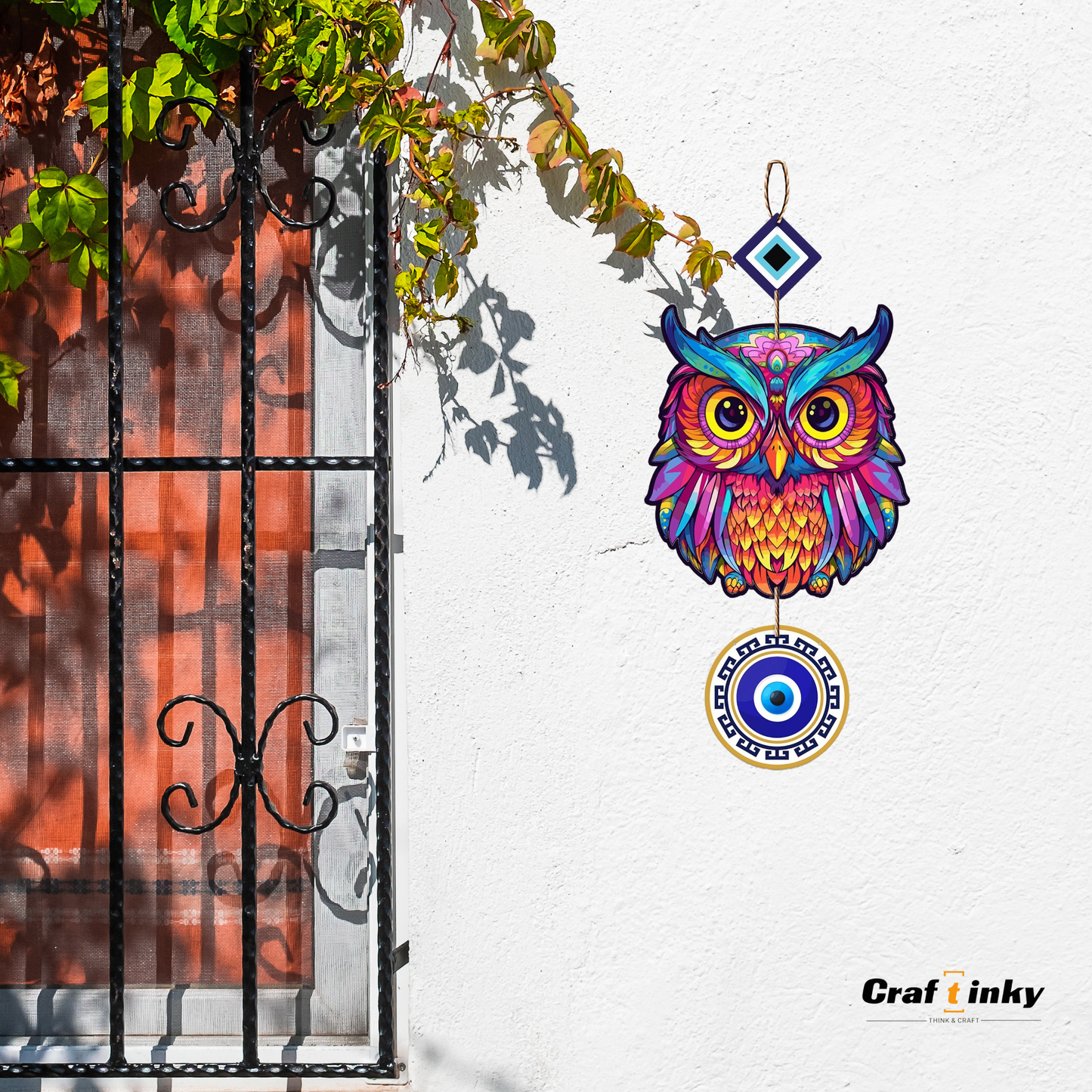 Purple Owl Shaped Evil Eye Wall Hanging Multicolor Engineered Wood Decor