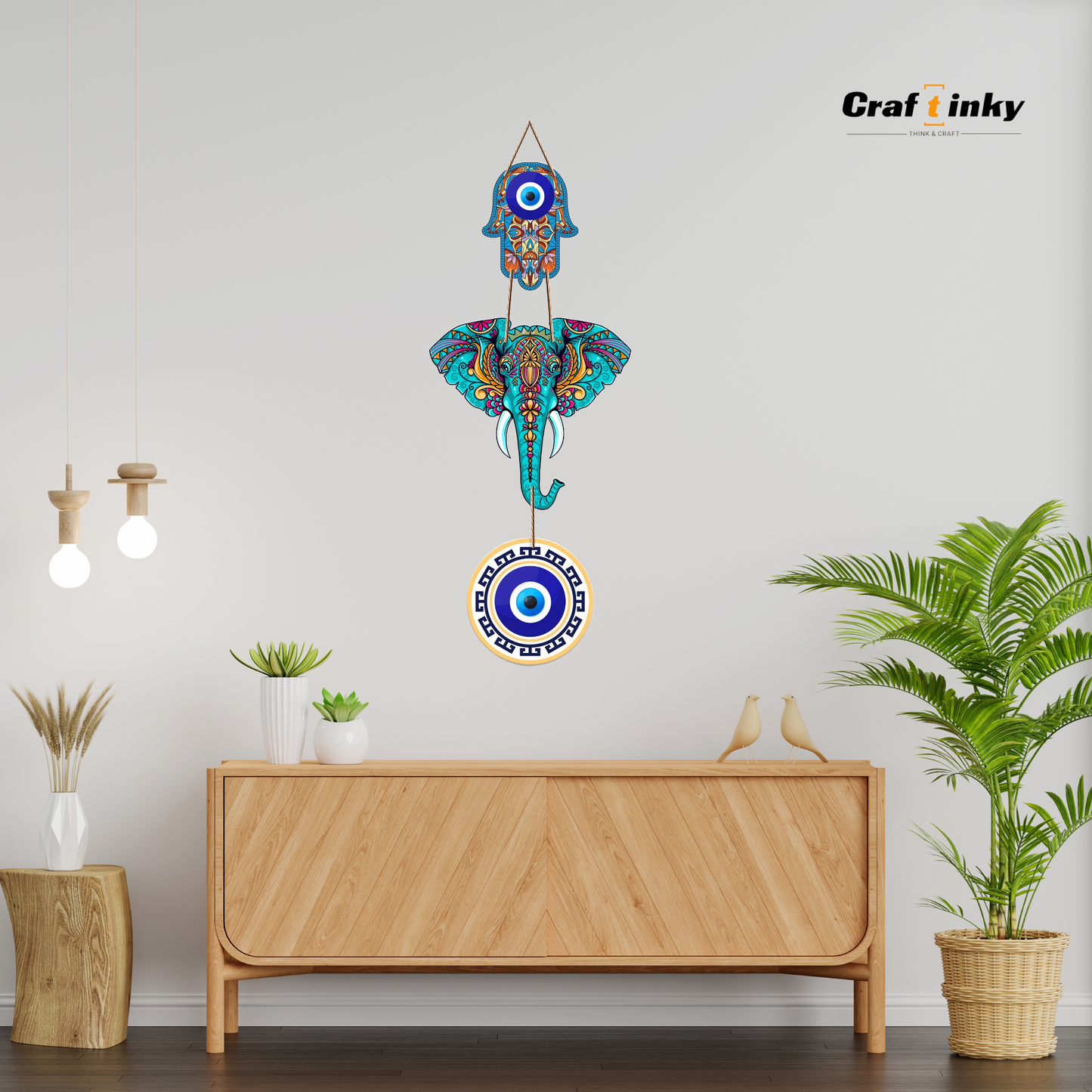Elephant Shaped Evil Eye Wall Hanging Engineered Wood Decorative Charm