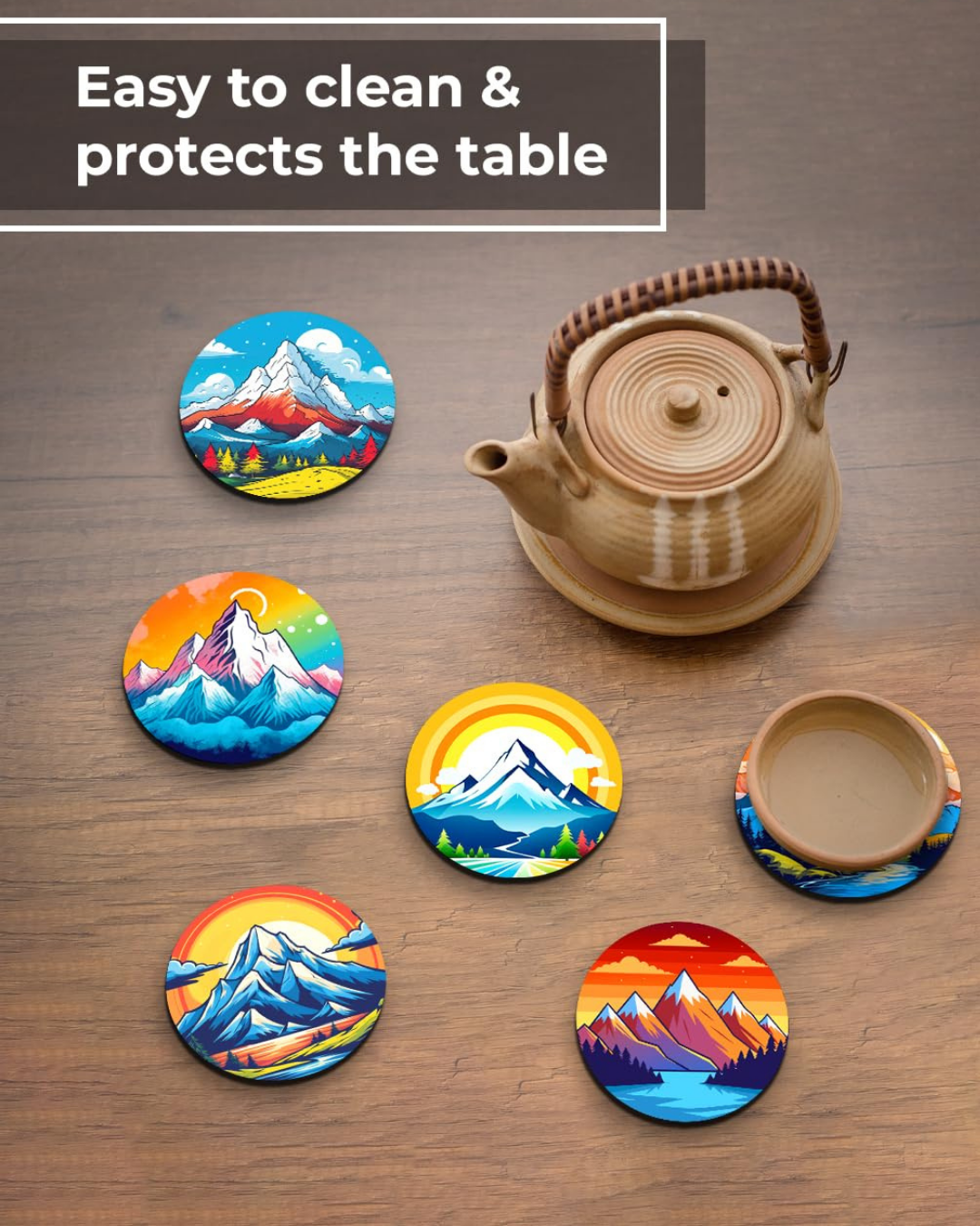 Premium Designer hills Printed Beautiful Wooden Coasters Fit for Tea Cups, Coffee Mugs and Glasses Marble round(3.5X3.5 Inch)(Set of 6)011